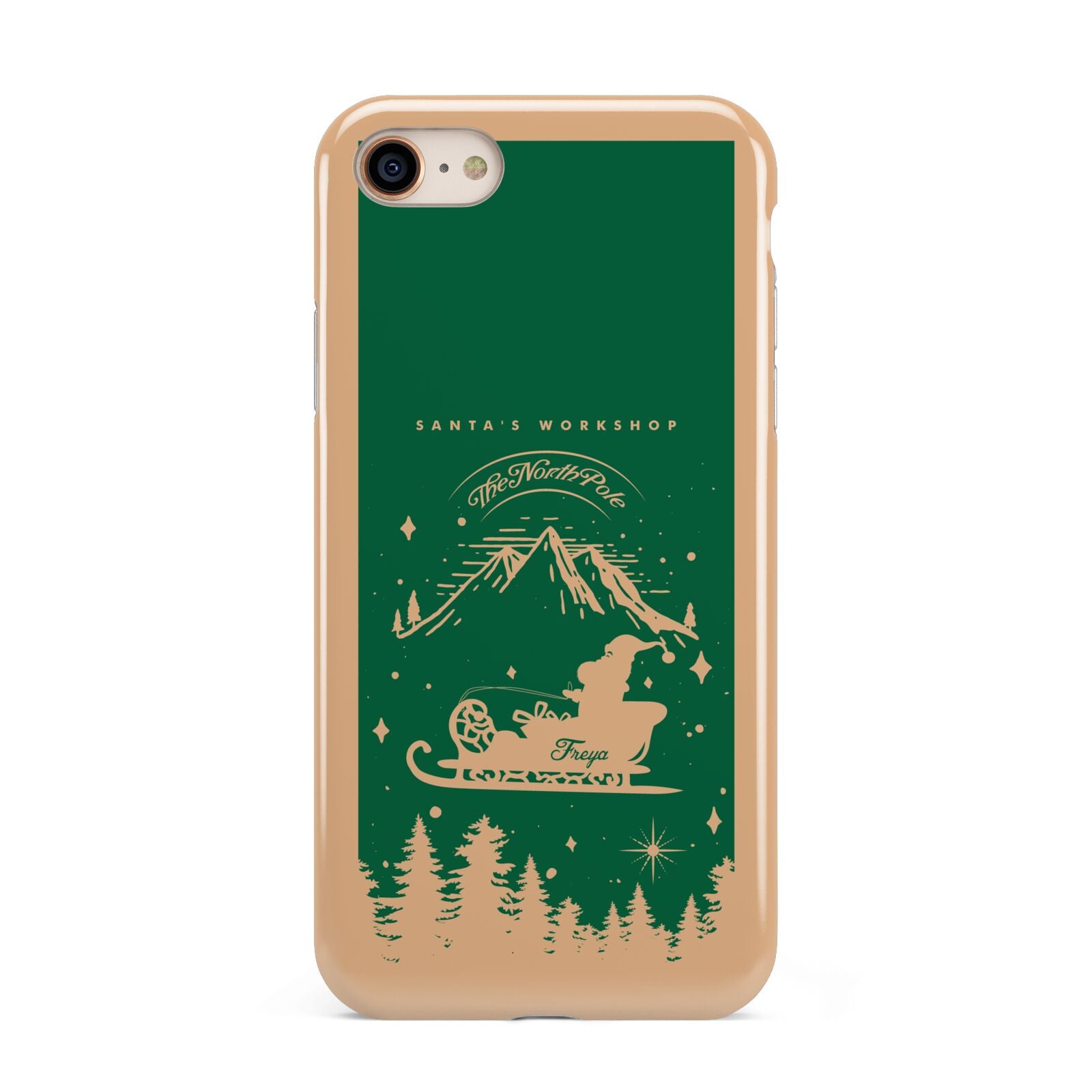 Green Personalised Santas Sleigh iPhone 8 3D Tough Case on Gold Phone