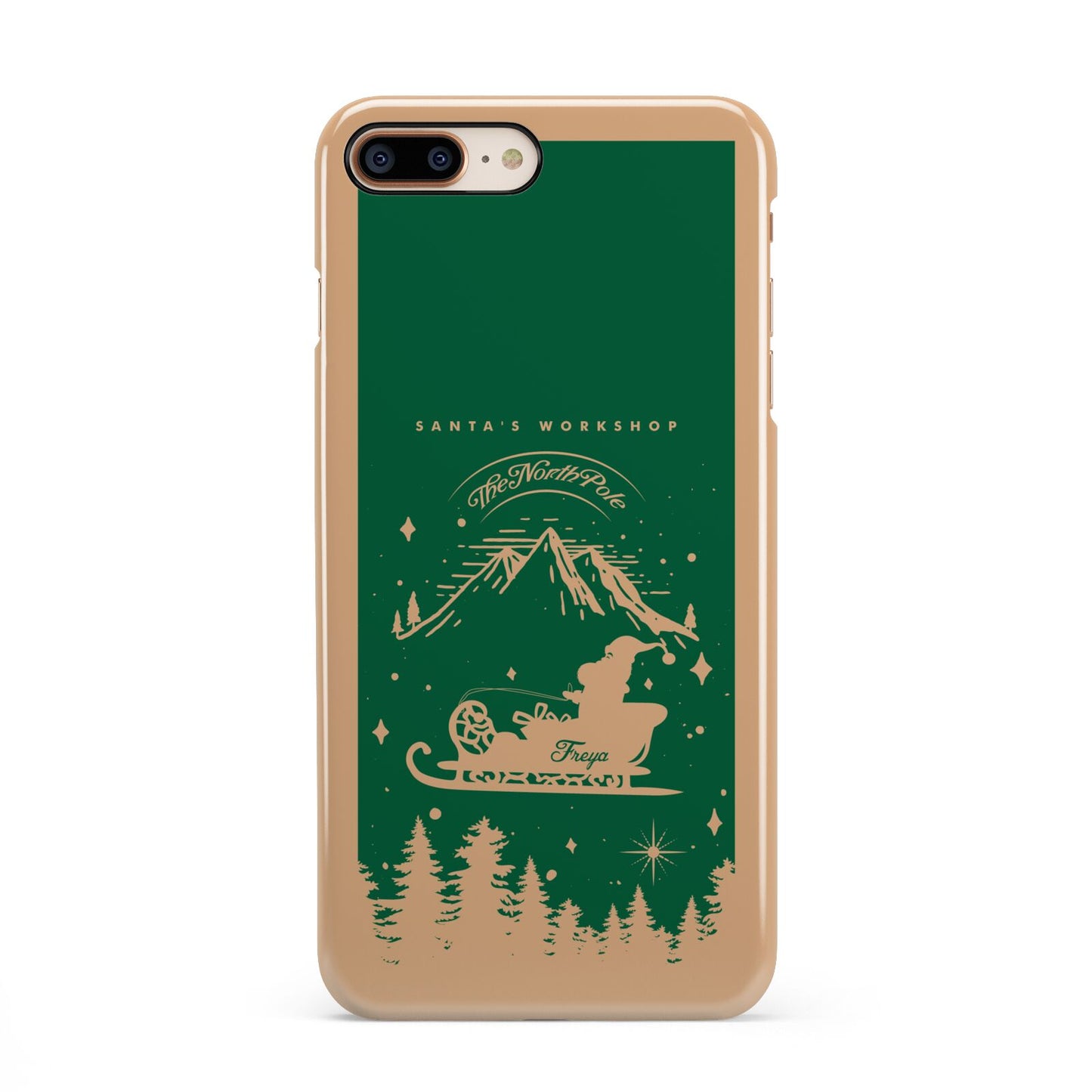 Green Personalised Santas Sleigh iPhone 8 Plus 3D Snap Case on Gold Phone