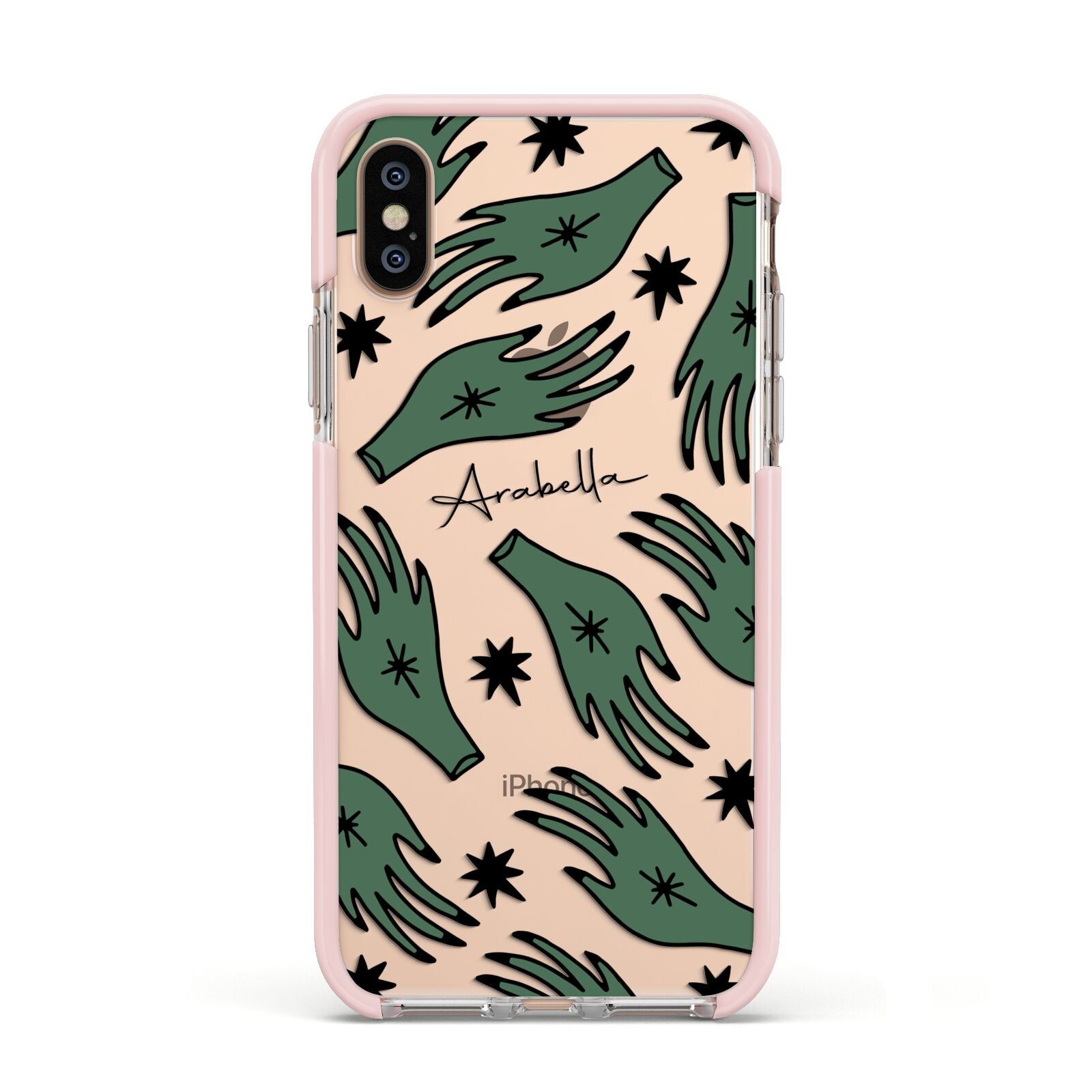 Green Star Hands Personalised Apple iPhone Xs Impact Case Pink Edge on Gold Phone