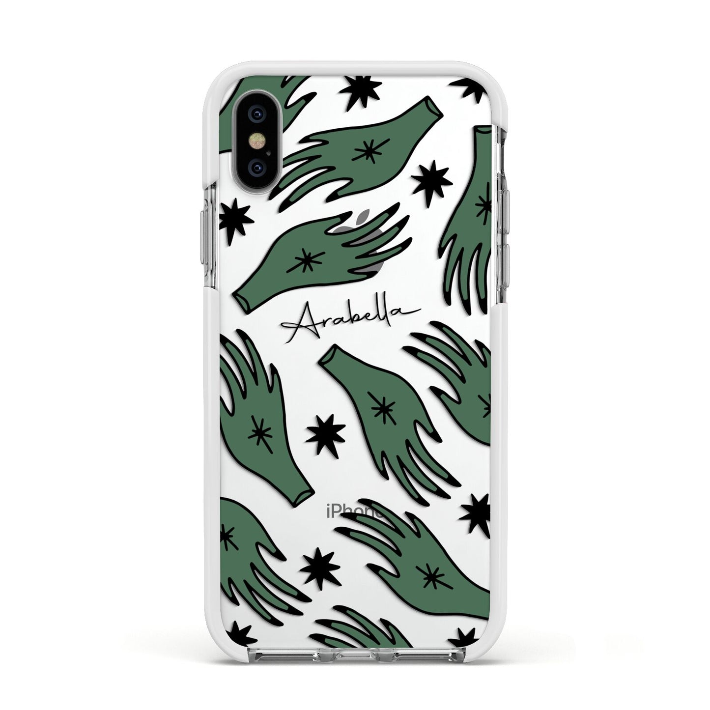 Green Star Hands Personalised Apple iPhone Xs Impact Case White Edge on Silver Phone