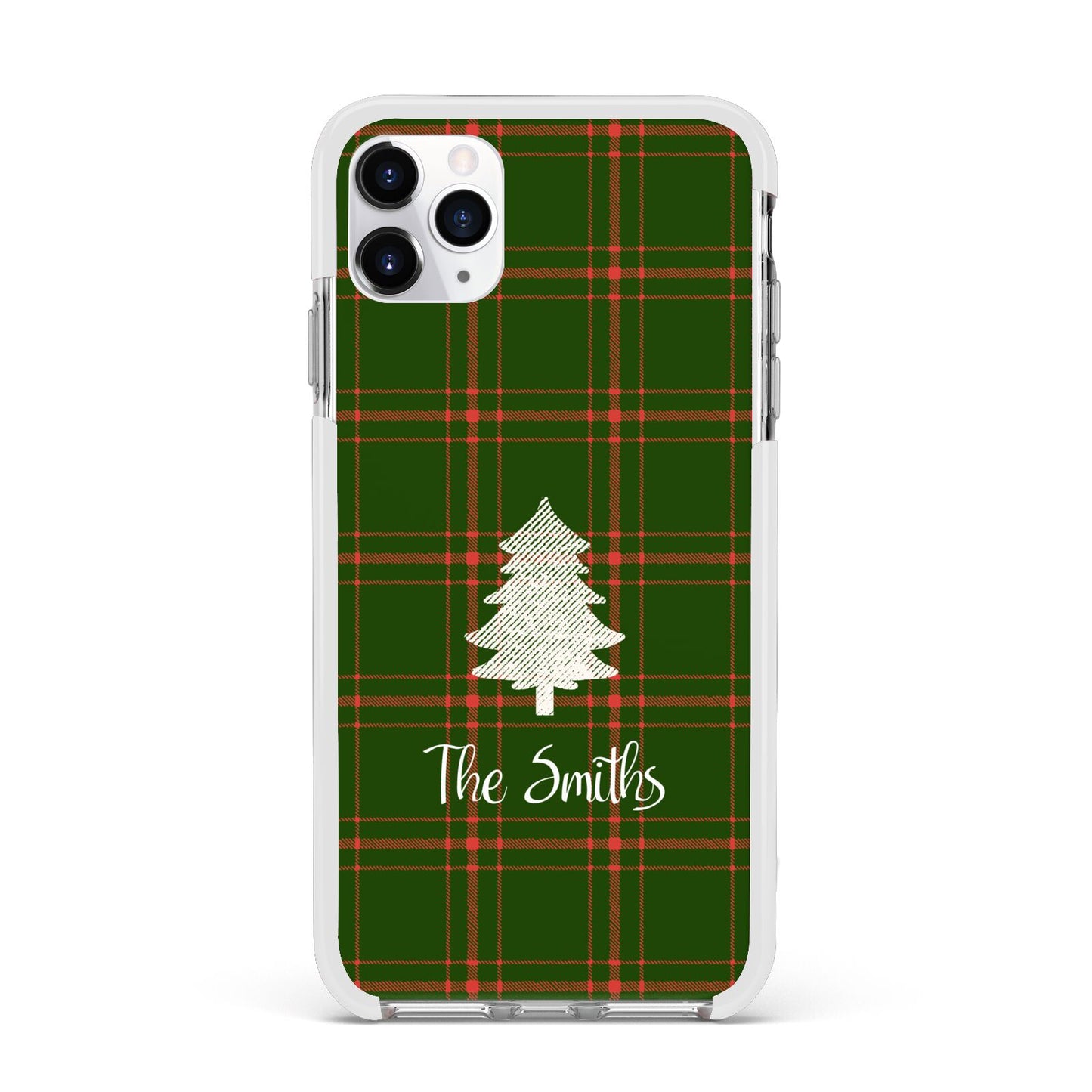 Green Tartan Christmas Tree Personalised Apple iPhone 11 Pro Max in Silver with White Impact Case