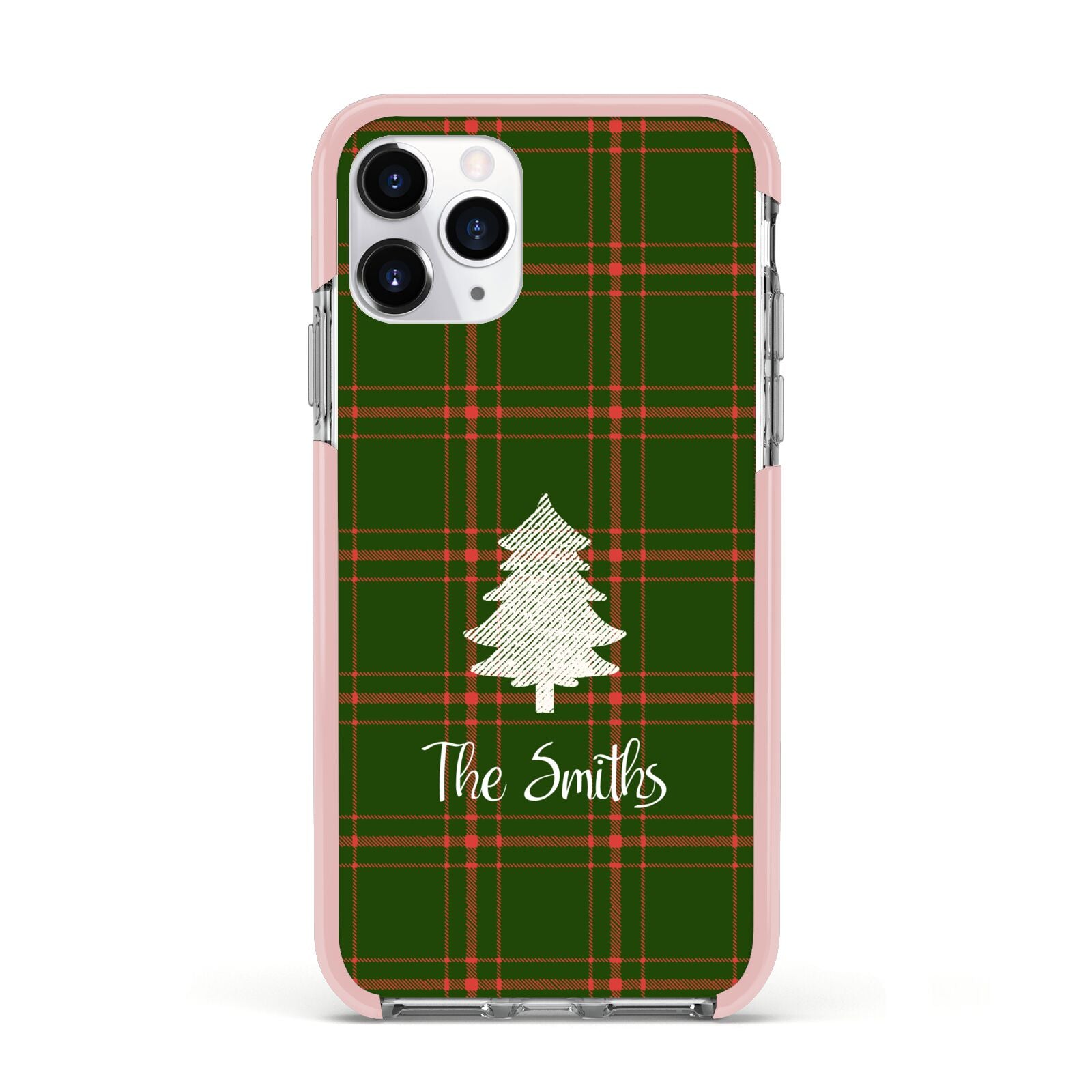 Green Tartan Christmas Tree Personalised Apple iPhone 11 Pro in Silver with Pink Impact Case