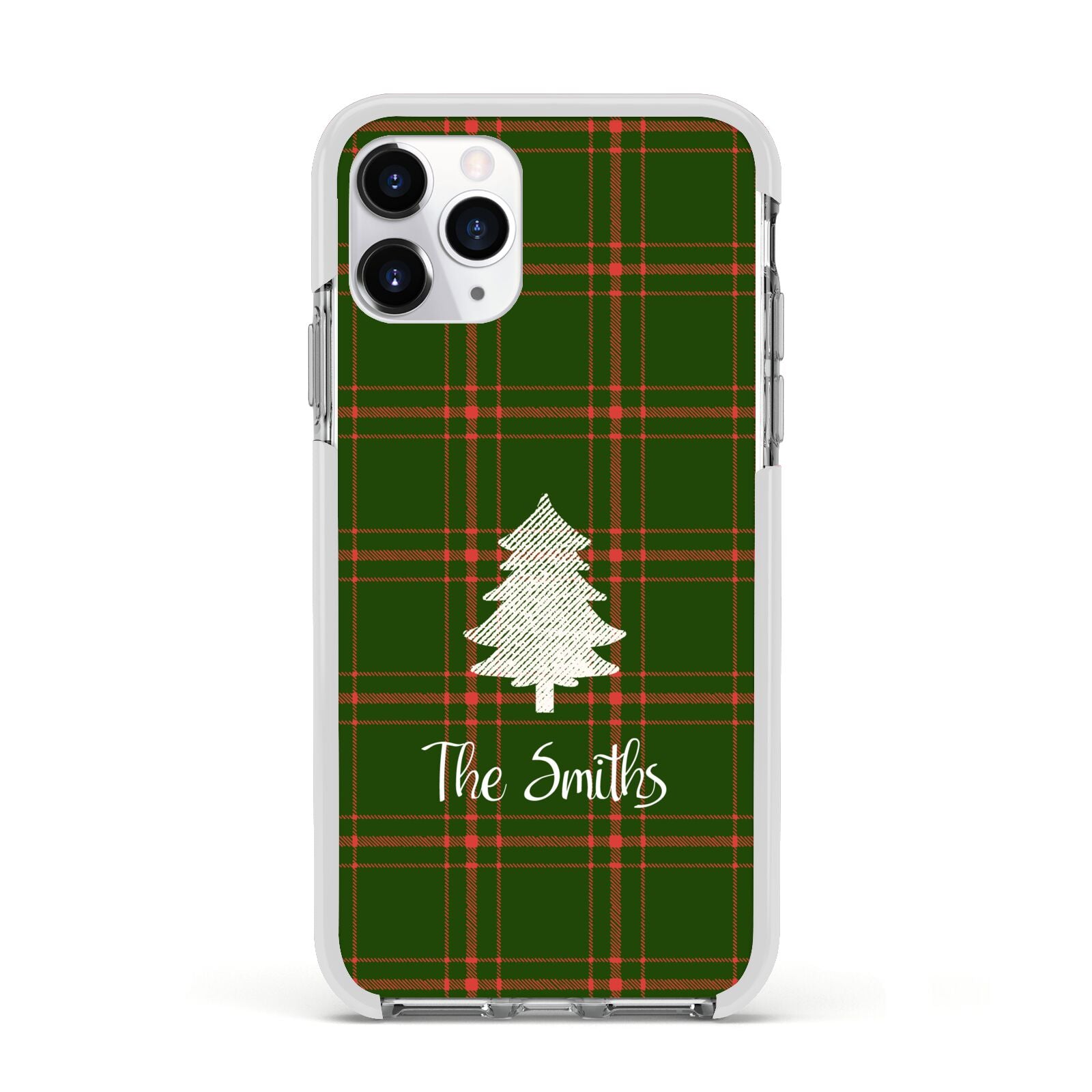 Green Tartan Christmas Tree Personalised Apple iPhone 11 Pro in Silver with White Impact Case