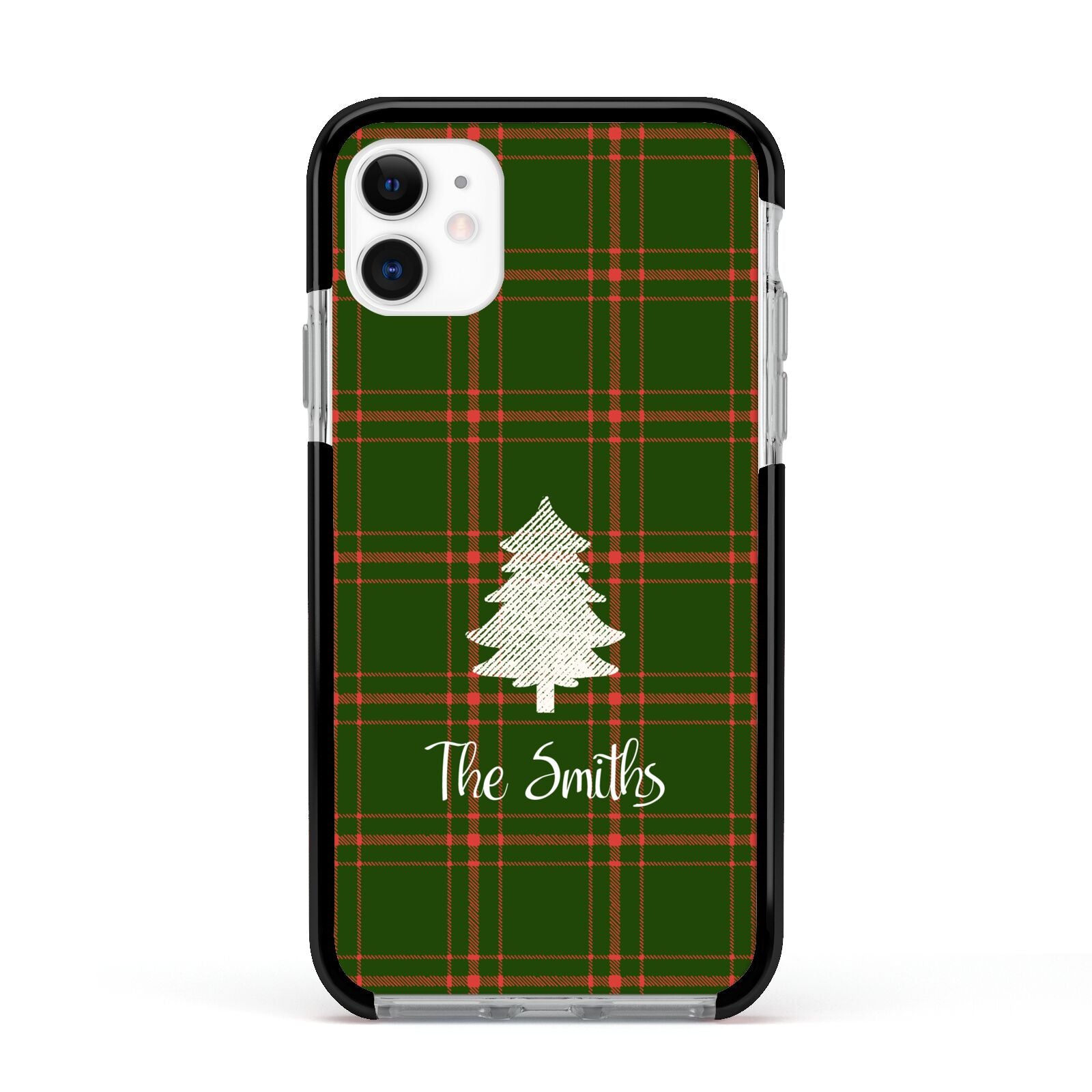 Green Tartan Christmas Tree Personalised Apple iPhone 11 in White with Black Impact Case