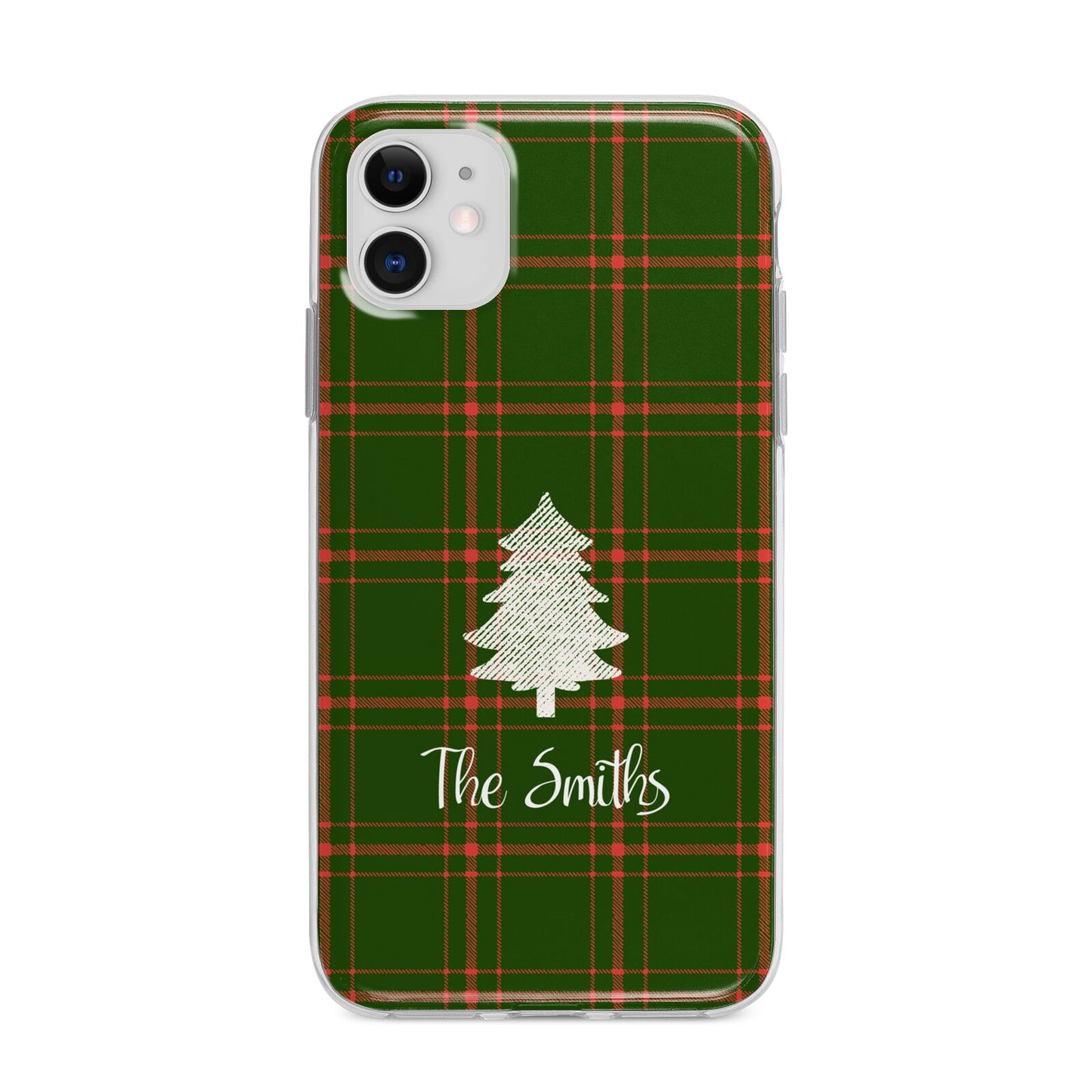 Green Tartan Christmas Tree Personalised Apple iPhone 11 in White with Bumper Case