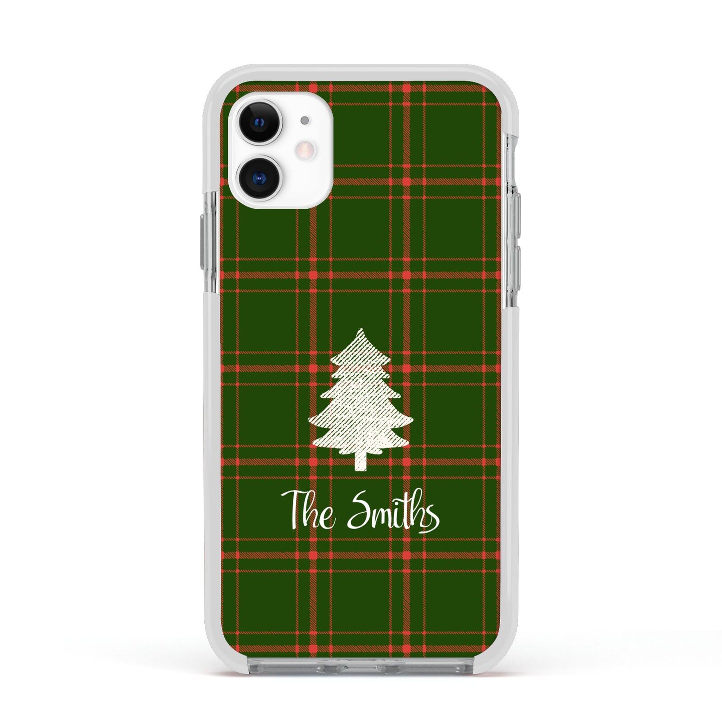 Green Tartan Christmas Tree Personalised Apple iPhone 11 in White with White Impact Case