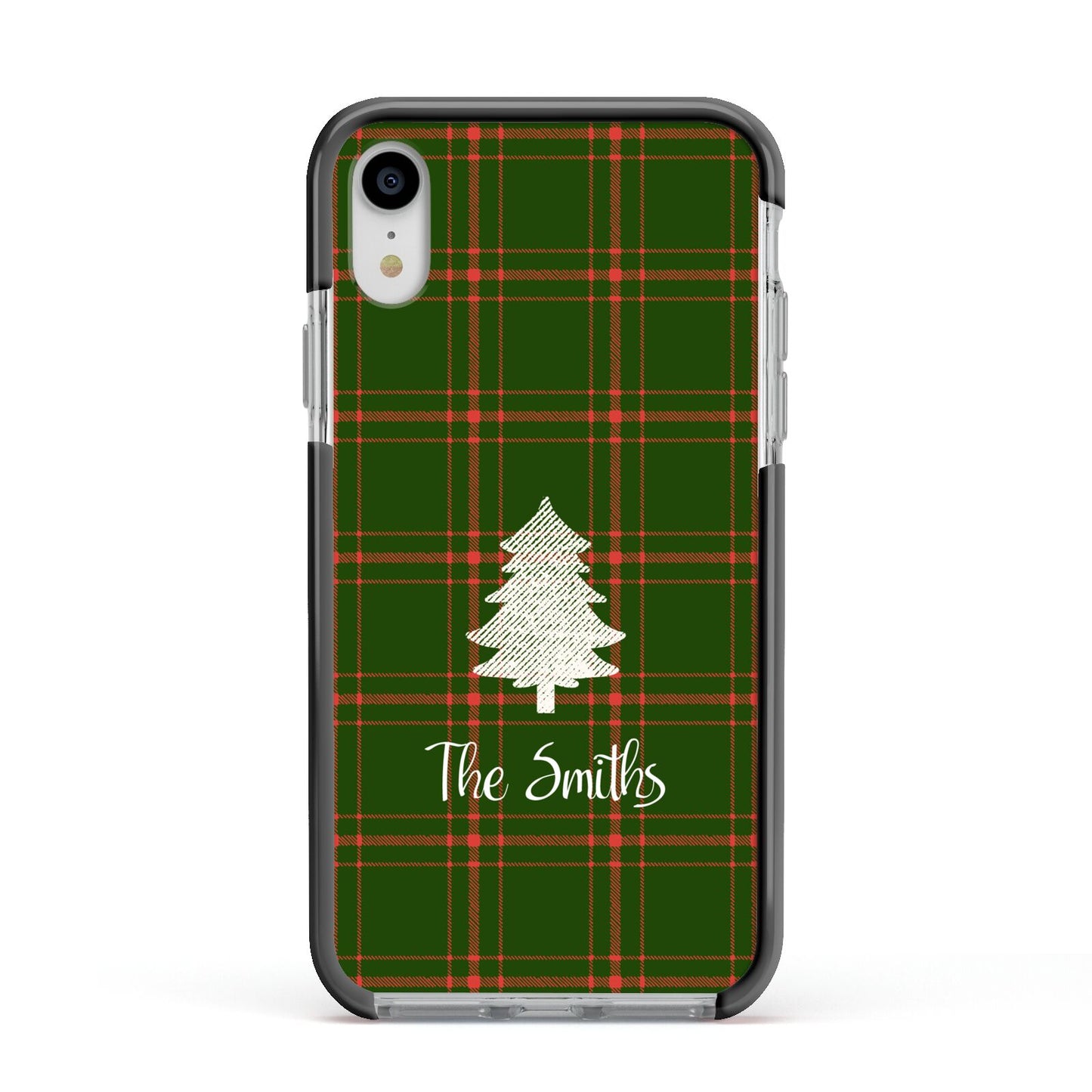 Green Tartan Christmas Tree Personalised Apple iPhone XR Impact Case Black Edge on Silver Phone