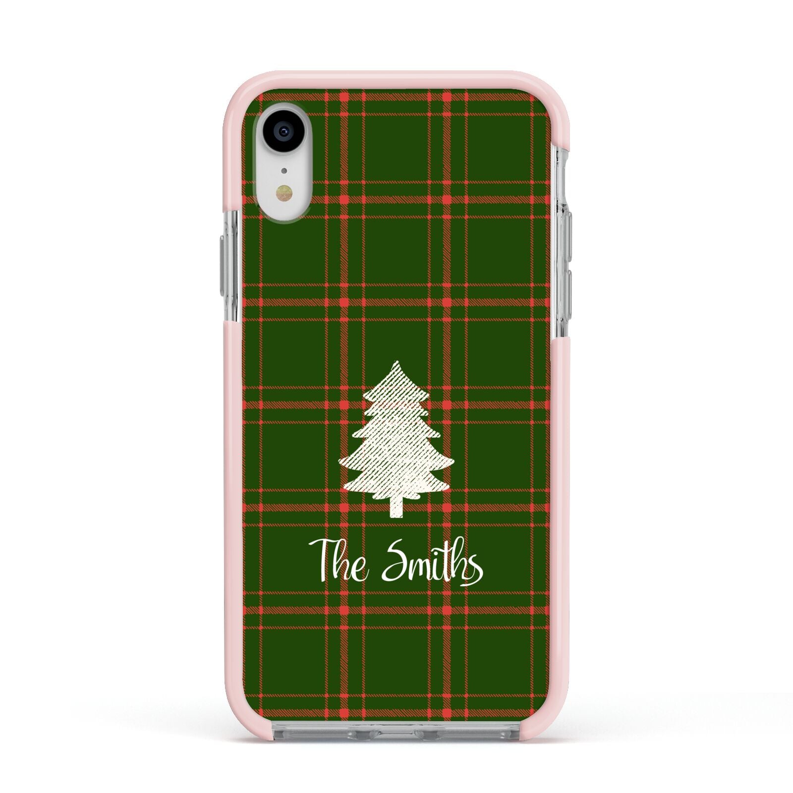 Green Tartan Christmas Tree Personalised Apple iPhone XR Impact Case Pink Edge on Silver Phone