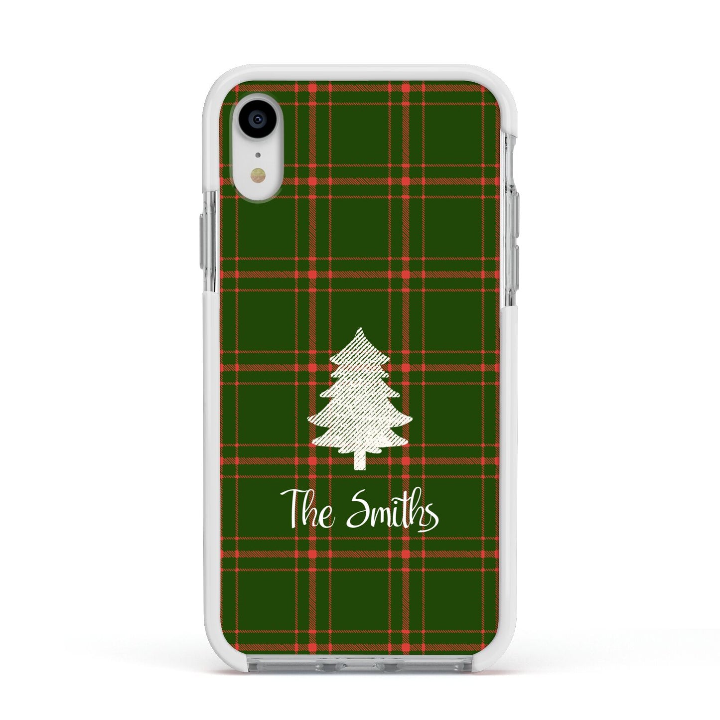 Green Tartan Christmas Tree Personalised Apple iPhone XR Impact Case White Edge on Silver Phone