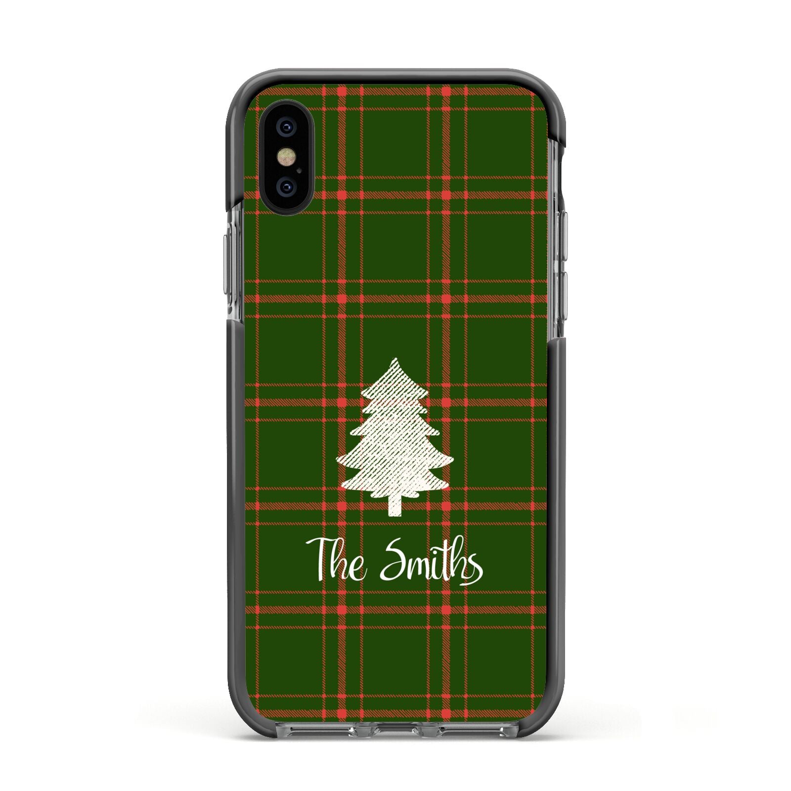 Green Tartan Christmas Tree Personalised Apple iPhone Xs Impact Case Black Edge on Black Phone