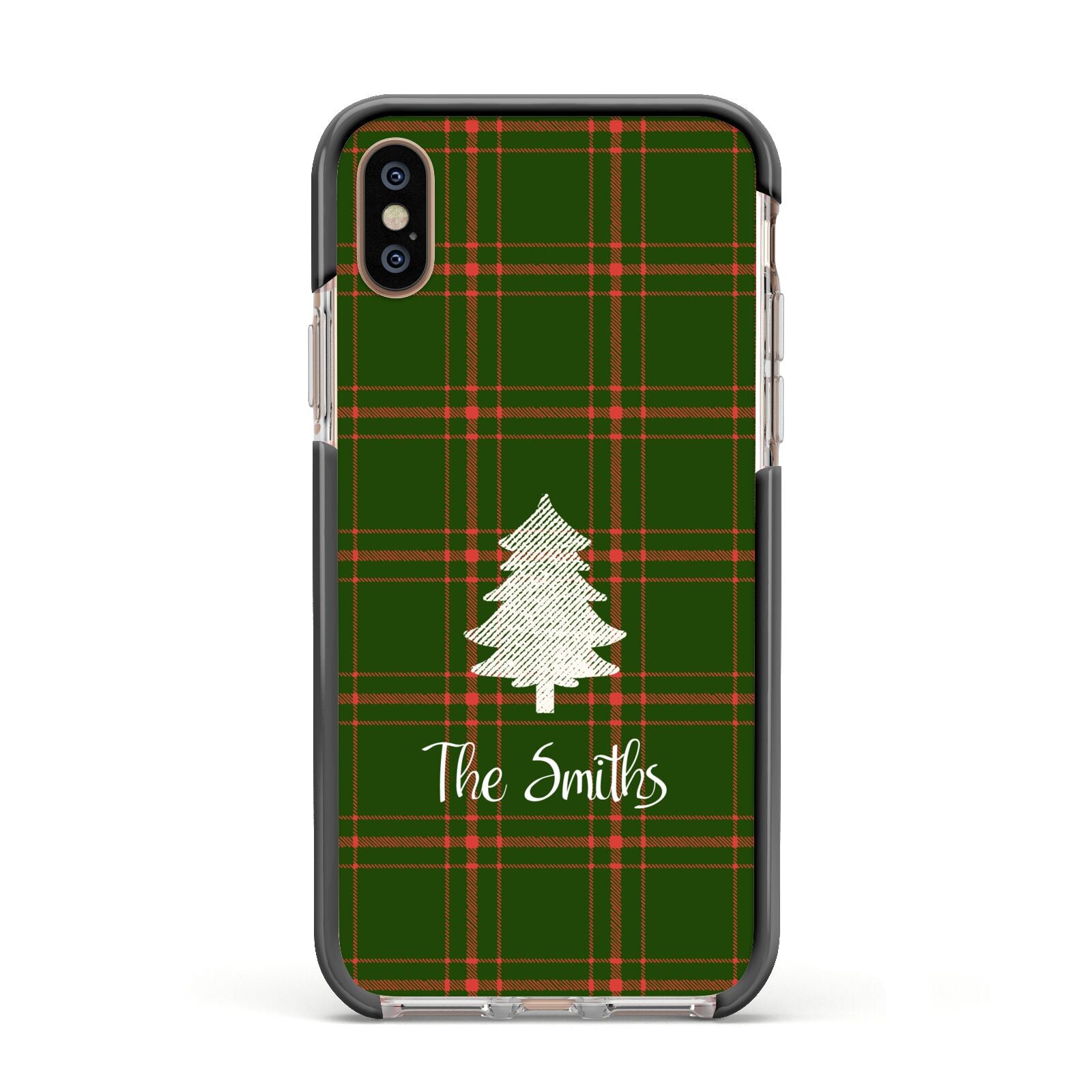 Green Tartan Christmas Tree Personalised Apple iPhone Xs Impact Case Black Edge on Gold Phone