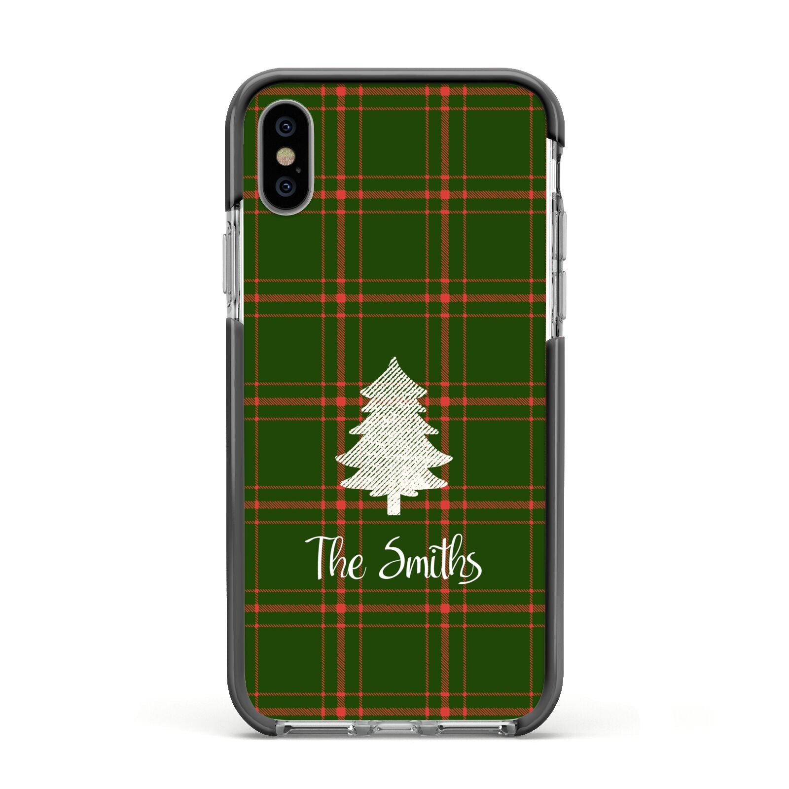 Green Tartan Christmas Tree Personalised Apple iPhone Xs Impact Case Black Edge on Silver Phone