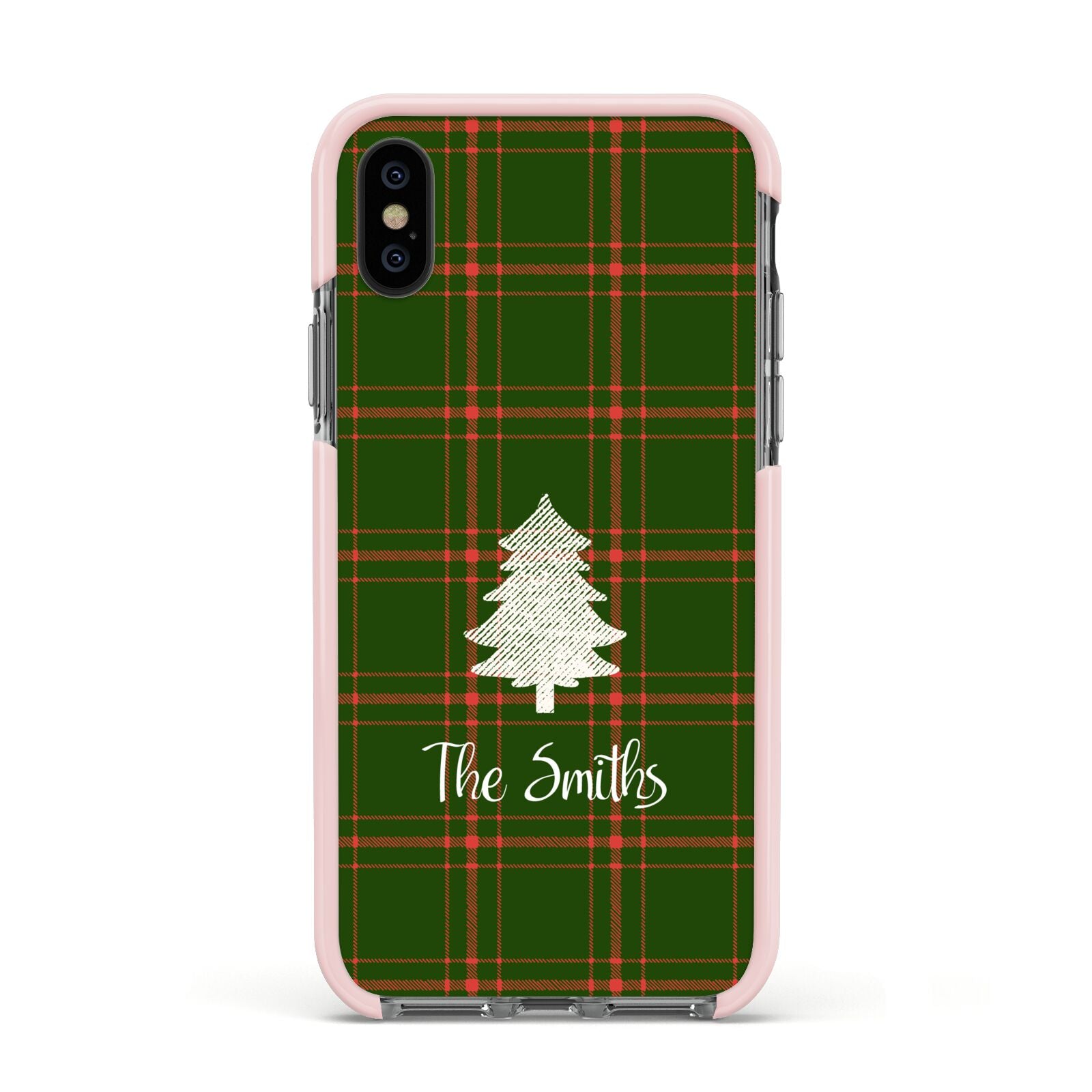 Green Tartan Christmas Tree Personalised Apple iPhone Xs Impact Case Pink Edge on Black Phone