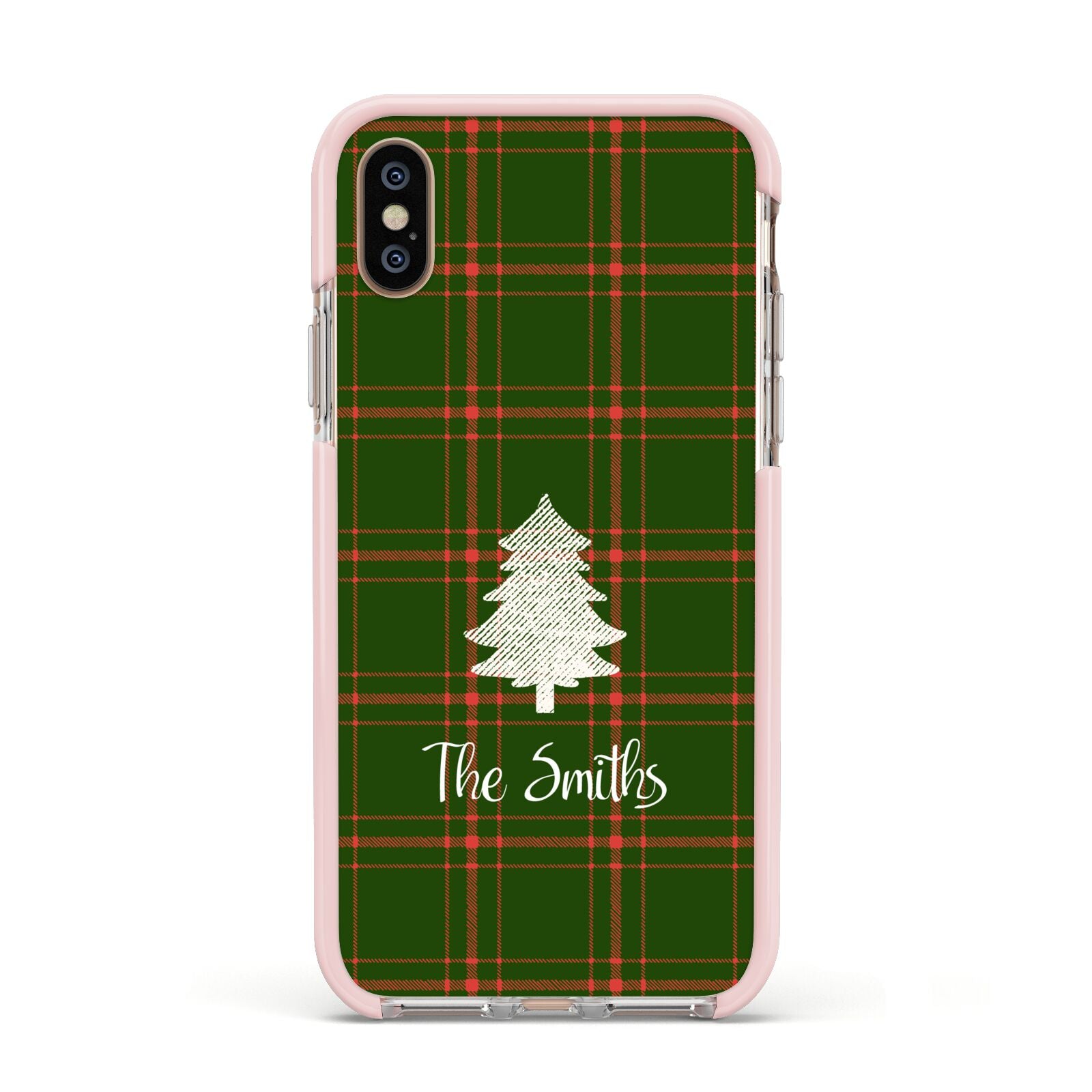 Green Tartan Christmas Tree Personalised Apple iPhone Xs Impact Case Pink Edge on Gold Phone