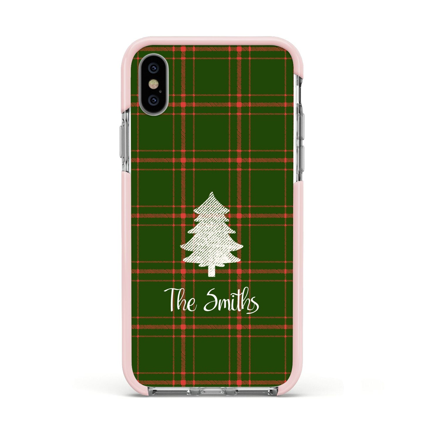 Green Tartan Christmas Tree Personalised Apple iPhone Xs Impact Case Pink Edge on Silver Phone