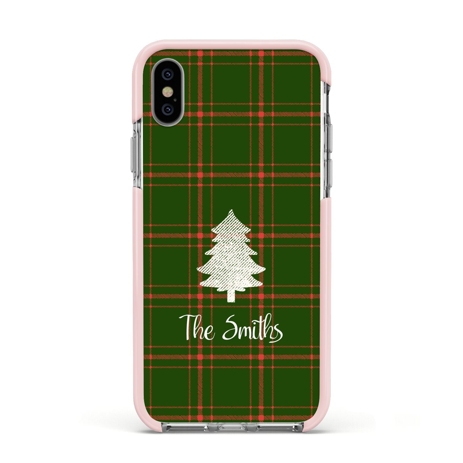 Green Tartan Christmas Tree Personalised Apple iPhone Xs Impact Case Pink Edge on Silver Phone