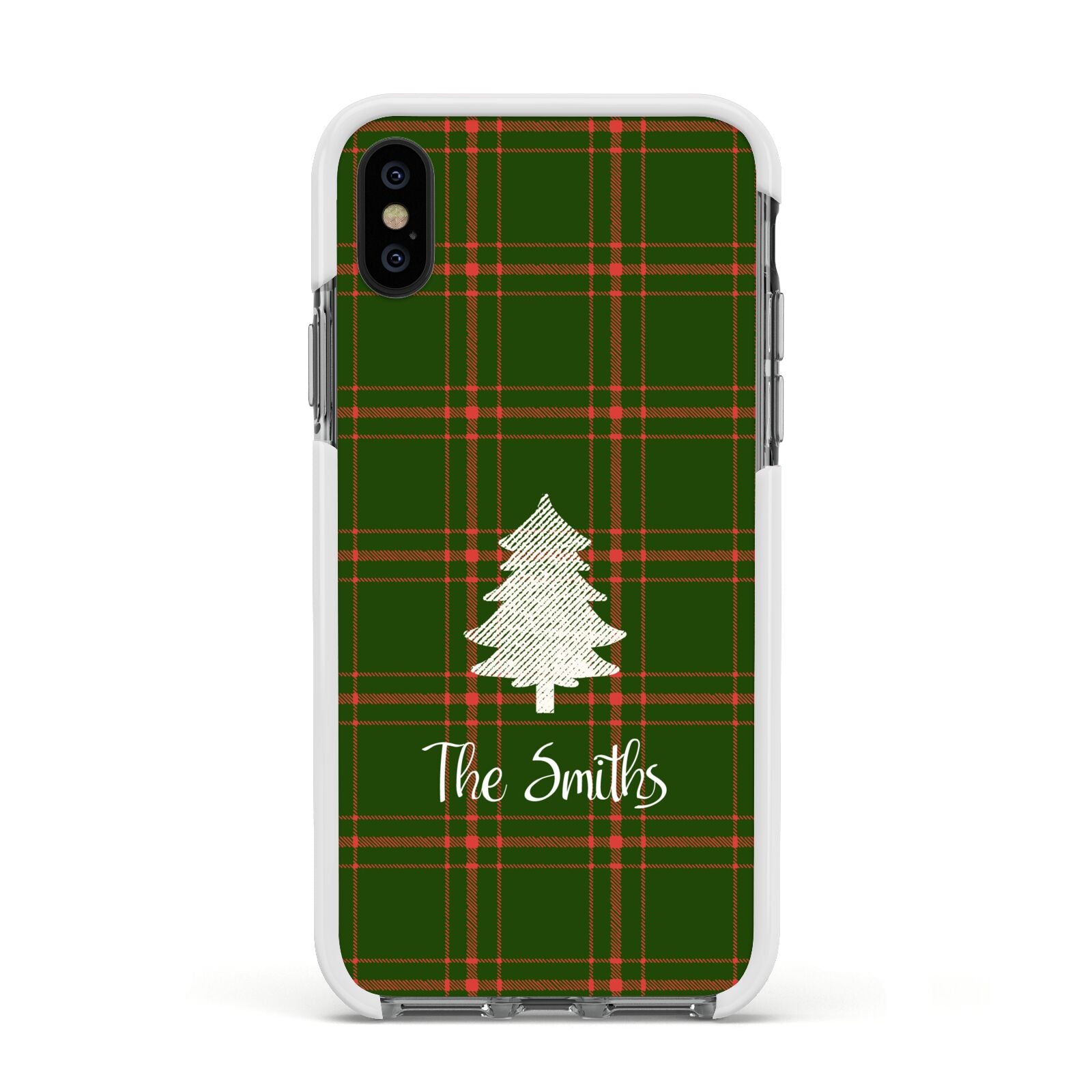 Green Tartan Christmas Tree Personalised Apple iPhone Xs Impact Case White Edge on Black Phone