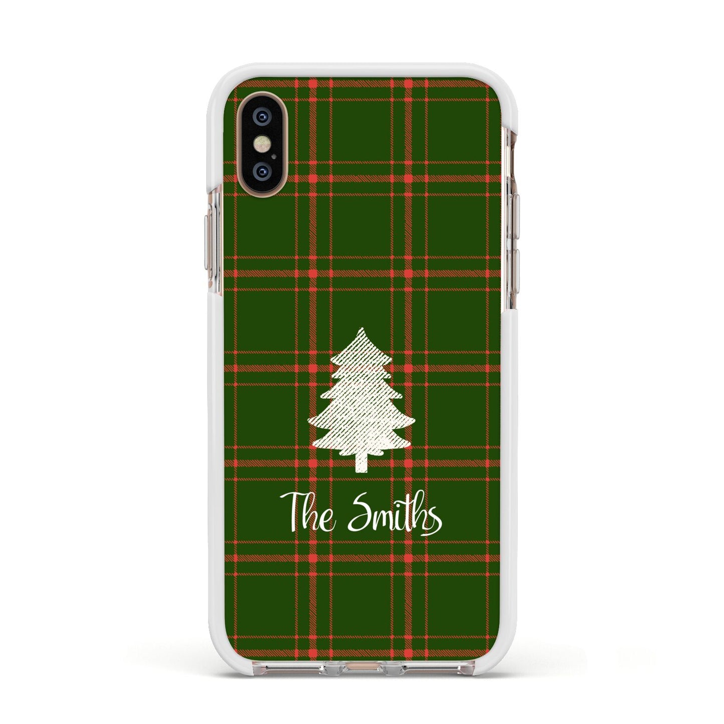 Green Tartan Christmas Tree Personalised Apple iPhone Xs Impact Case White Edge on Gold Phone