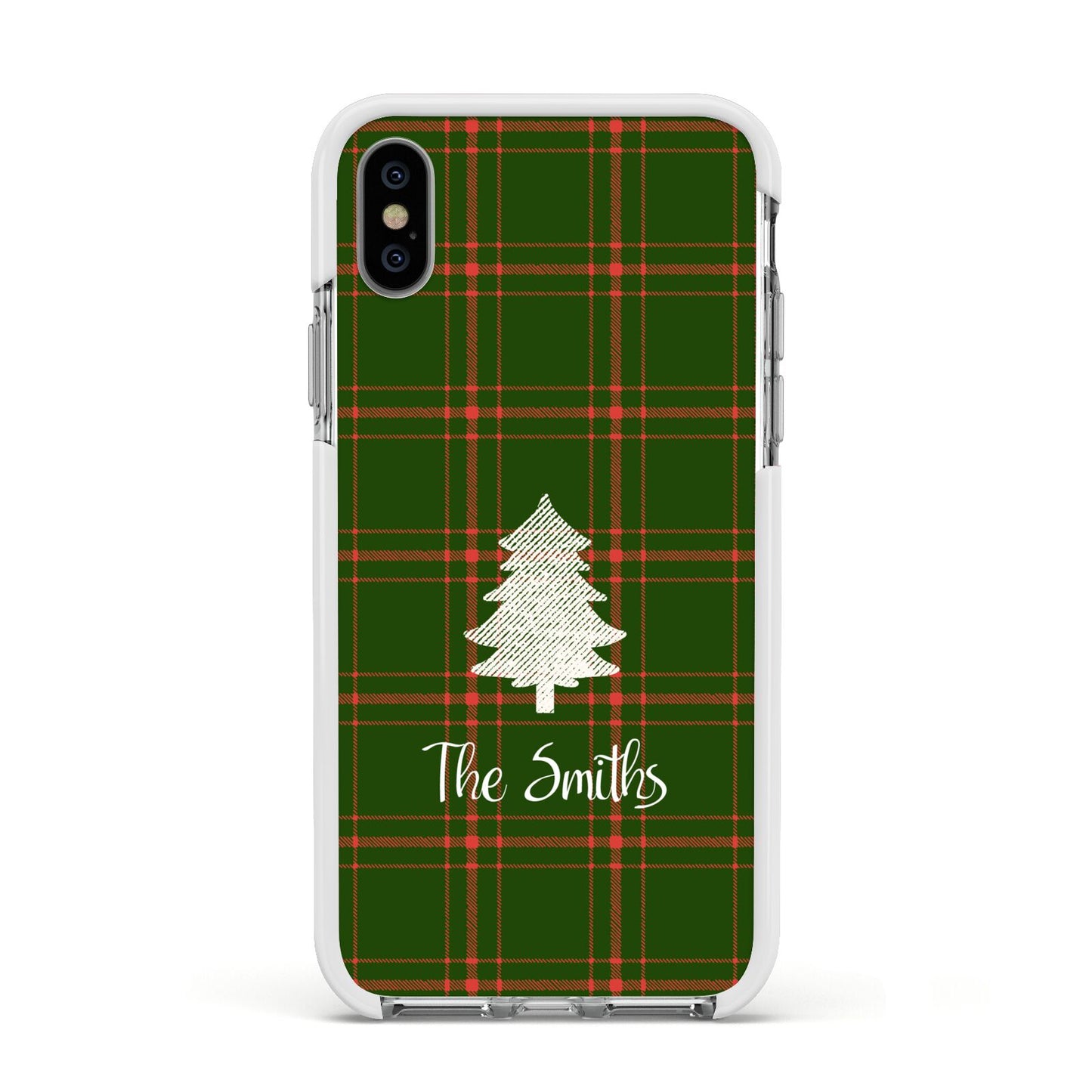 Green Tartan Christmas Tree Personalised Apple iPhone Xs Impact Case White Edge on Silver Phone