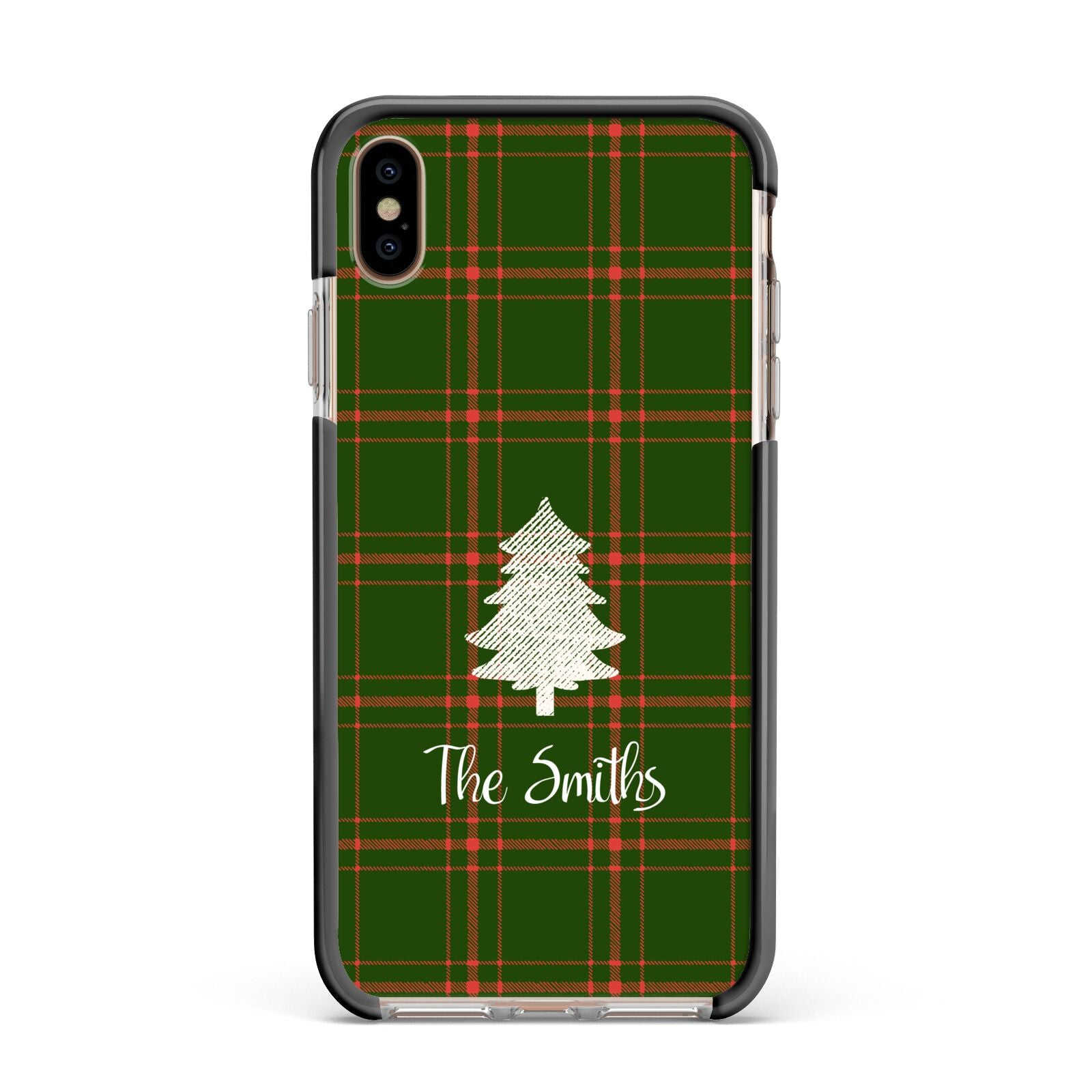 Green Tartan Christmas Tree Personalised Apple iPhone Xs Max Impact Case Black Edge on Gold Phone