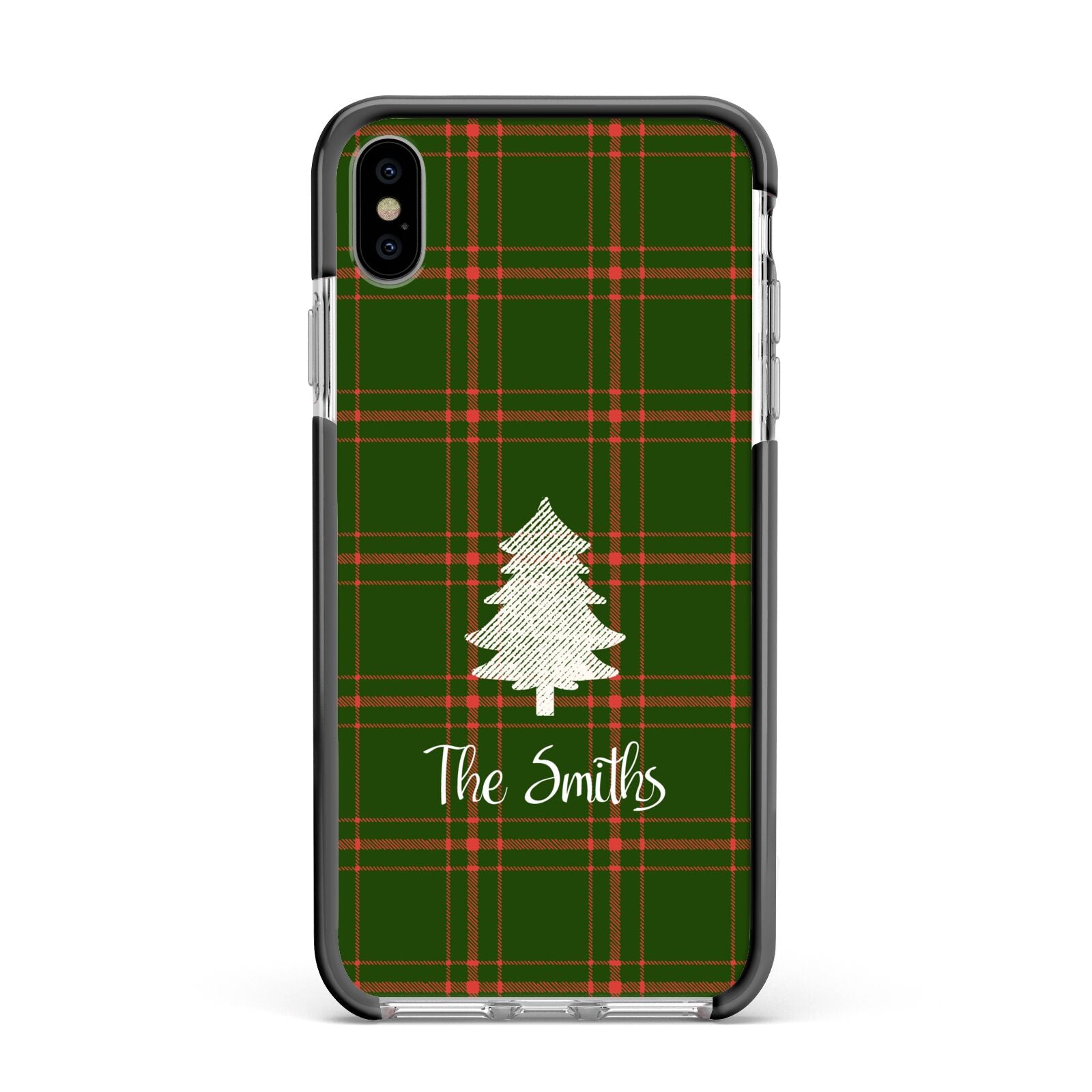 Green Tartan Christmas Tree Personalised Apple iPhone Xs Max Impact Case Black Edge on Silver Phone