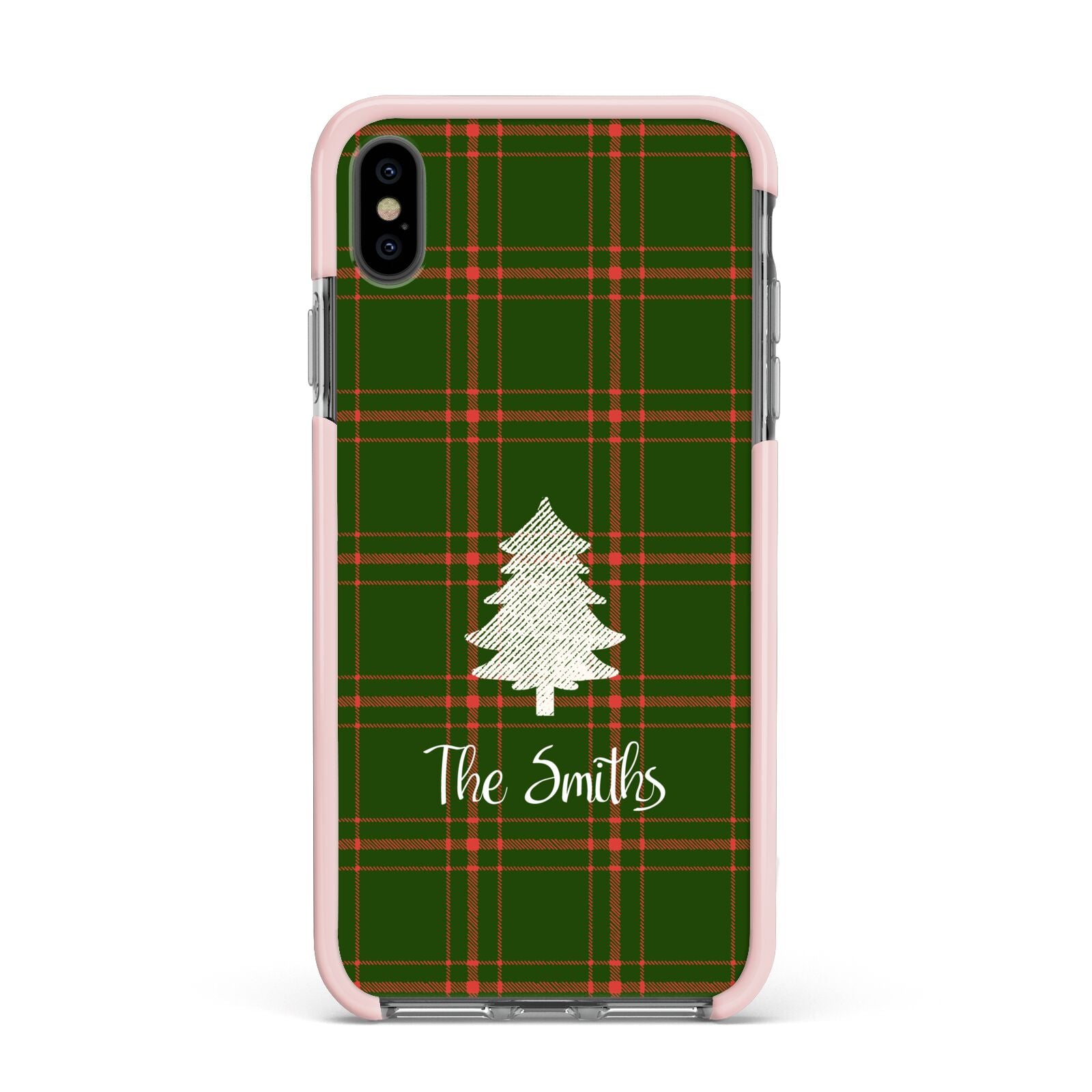 Green Tartan Christmas Tree Personalised Apple iPhone Xs Max Impact Case Pink Edge on Black Phone