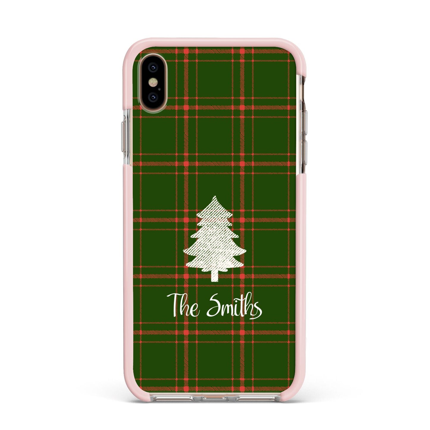 Green Tartan Christmas Tree Personalised Apple iPhone Xs Max Impact Case Pink Edge on Gold Phone