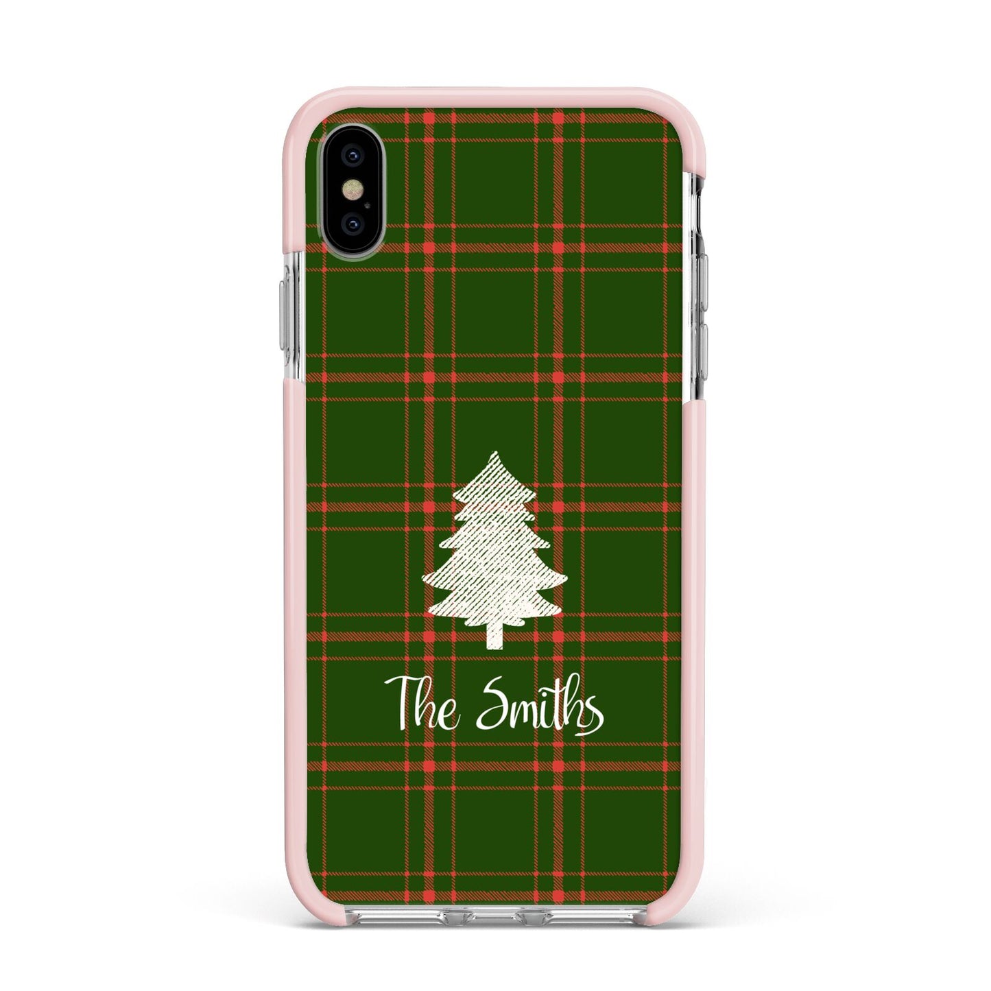 Green Tartan Christmas Tree Personalised Apple iPhone Xs Max Impact Case Pink Edge on Silver Phone