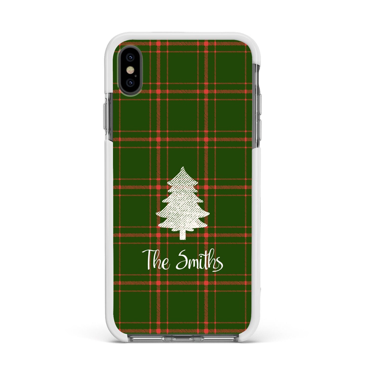 Green Tartan Christmas Tree Personalised Apple iPhone Xs Max Impact Case White Edge on Black Phone