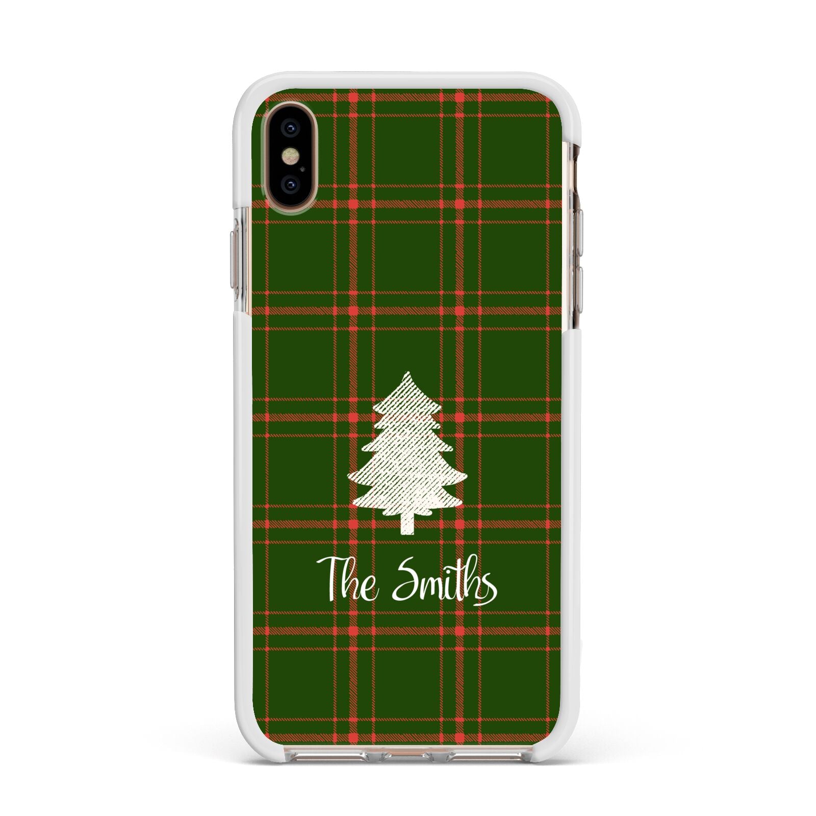 Green Tartan Christmas Tree Personalised Apple iPhone Xs Max Impact Case White Edge on Gold Phone