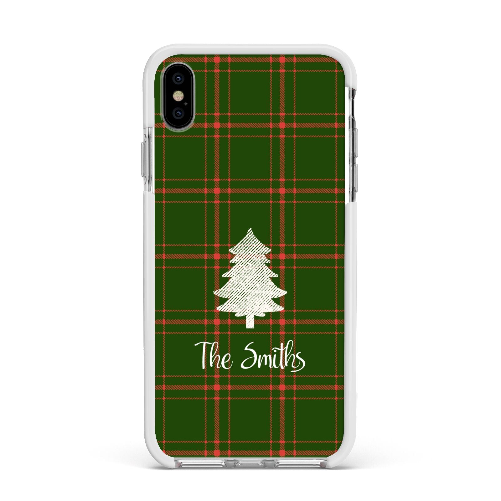 Green Tartan Christmas Tree Personalised Apple iPhone Xs Max Impact Case White Edge on Silver Phone