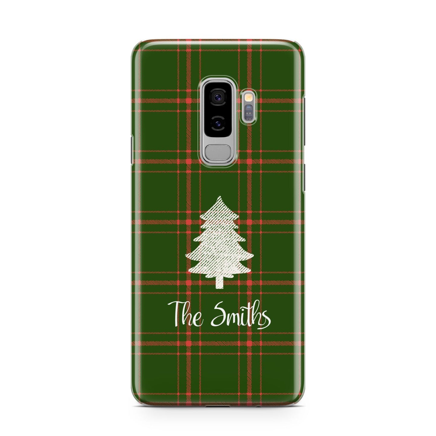 Green Tartan Christmas Tree Personalised Samsung Galaxy S9 Plus Case on Silver phone