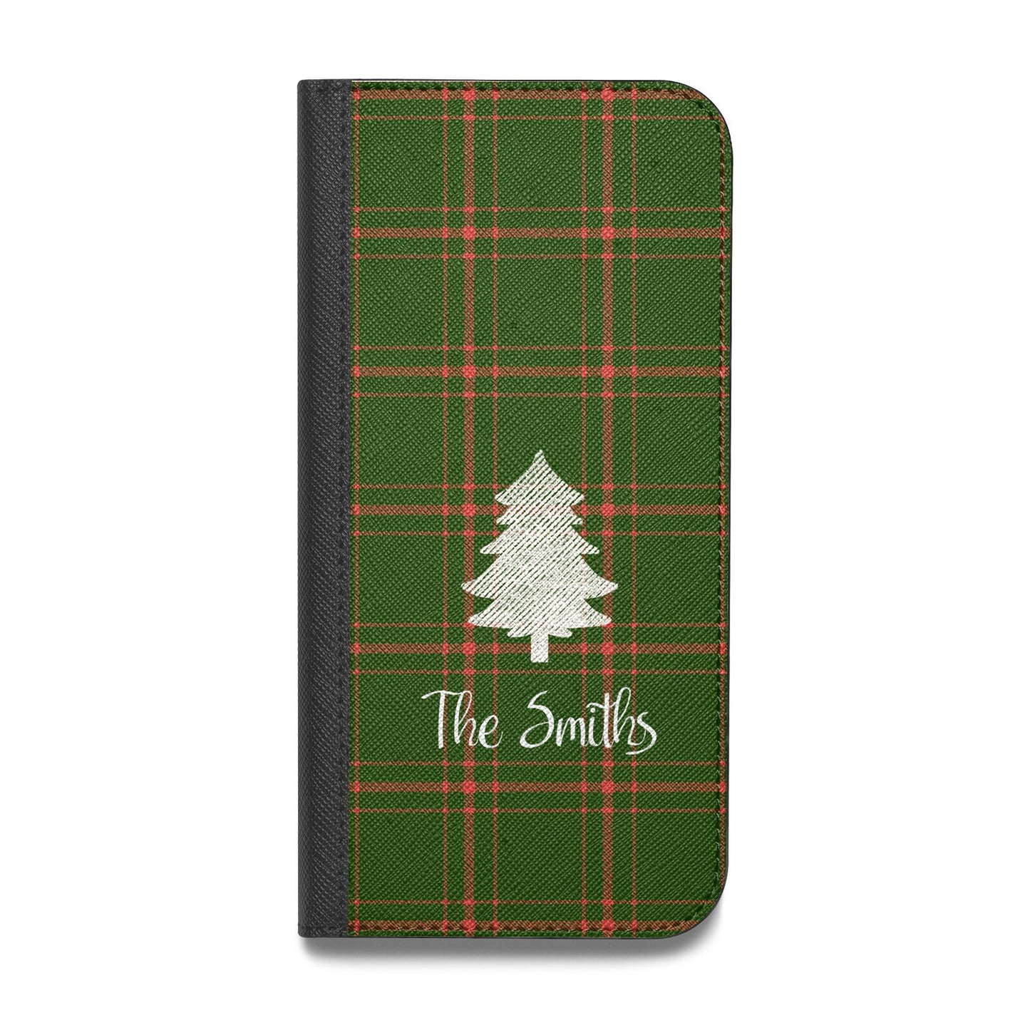 Green Tartan Christmas Tree Personalised Vegan Leather Flip iPhone Case