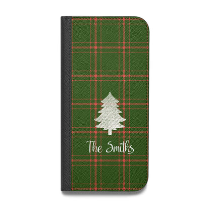 Green Tartan Christmas Tree Personalised Vegan Leather Flip iPhone Case