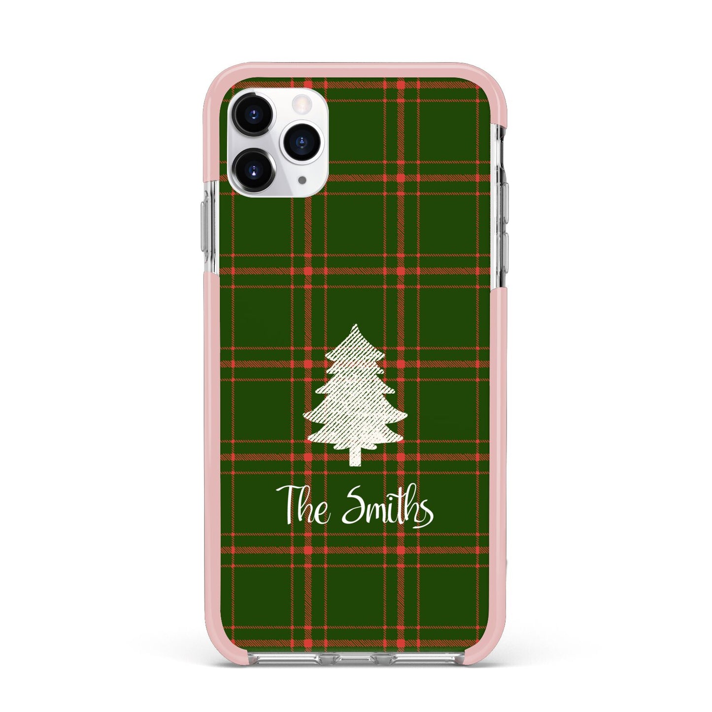 Green Tartan Christmas Tree Personalised iPhone 11 Pro Max Impact Pink Edge Case