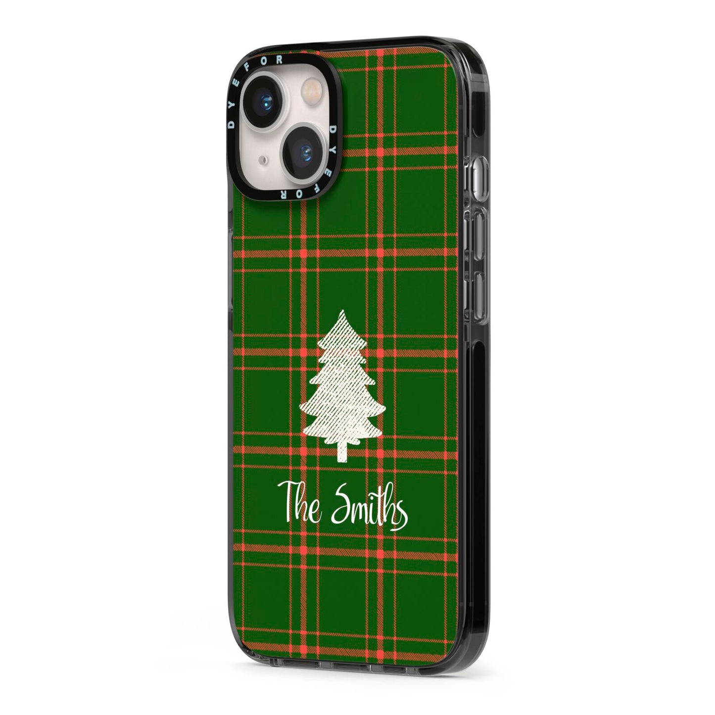 Green Tartan Christmas Tree Personalised iPhone 13 Black Impact Case Side Angle on Silver phone