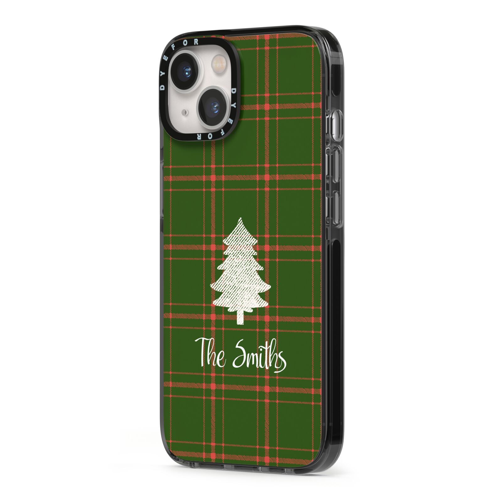 Green Tartan Christmas Tree Personalised iPhone 13 Black Impact Case Side Angle on Silver phone