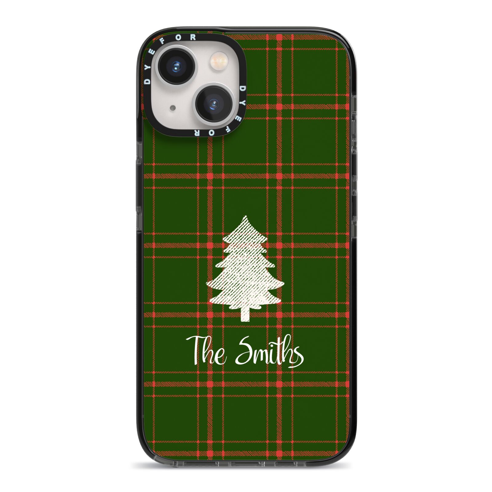 Green Tartan Christmas Tree Personalised iPhone 13 Black Impact Case on Silver phone