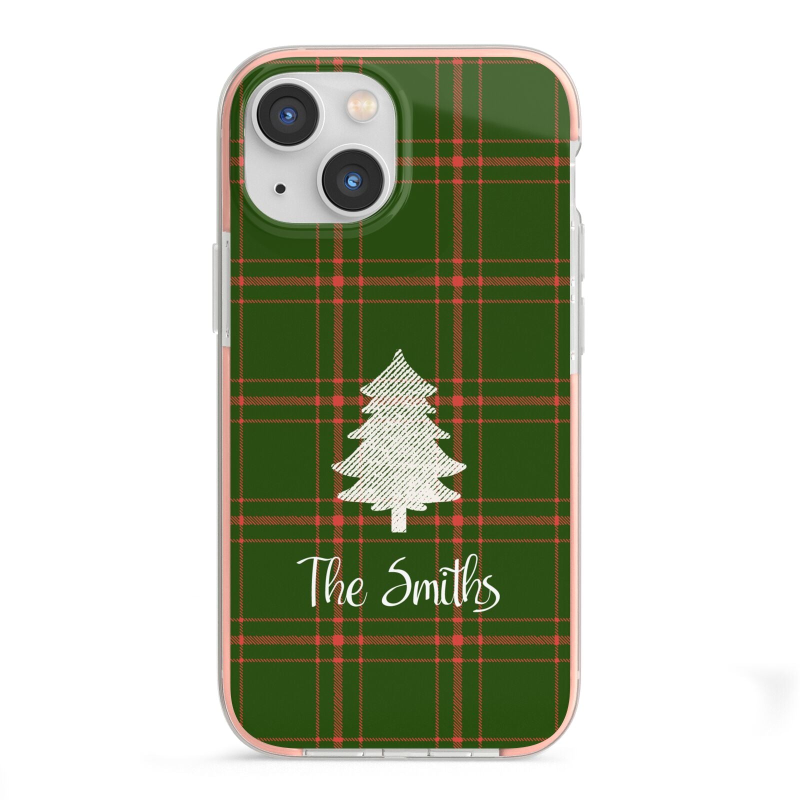 Green Tartan Christmas Tree Personalised iPhone 13 Mini TPU Impact Case with Pink Edges