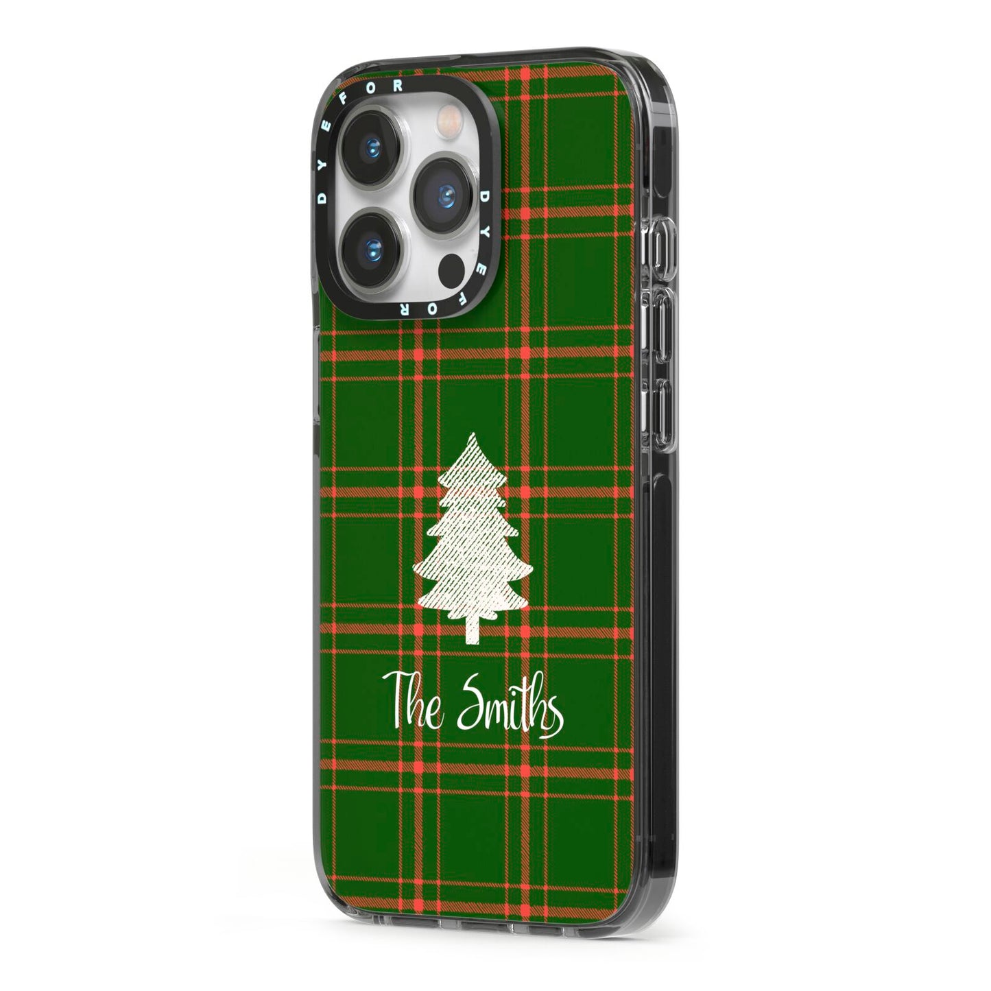 Green Tartan Christmas Tree Personalised iPhone 13 Pro Black Impact Case Side Angle on Silver phone