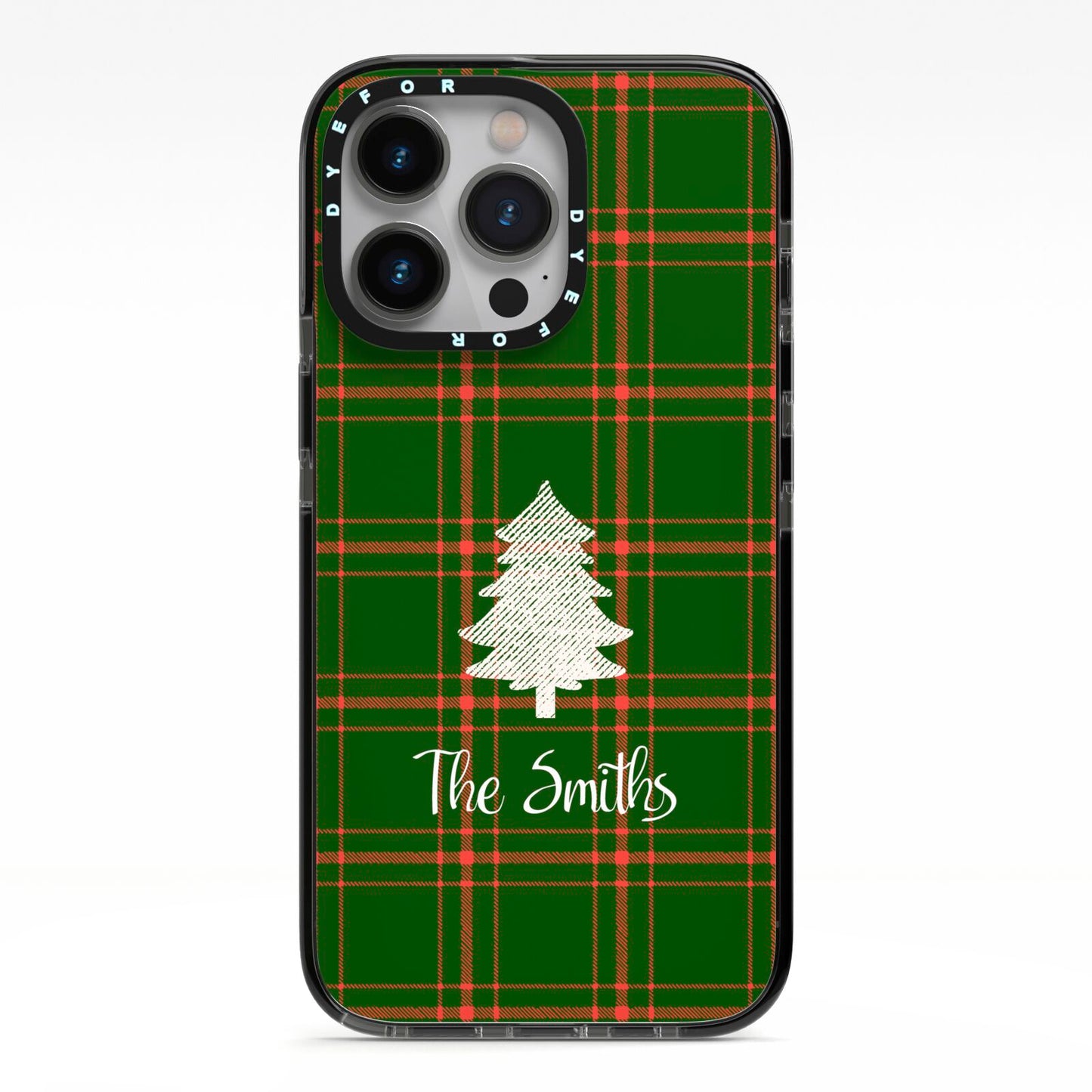 Green Tartan Christmas Tree Personalised iPhone 13 Pro Black Impact Case on Silver phone