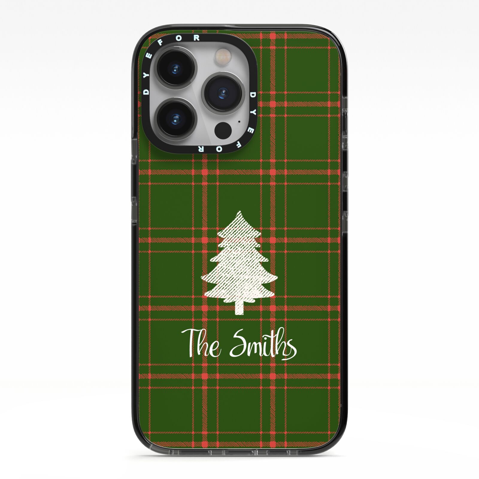 Green Tartan Christmas Tree Personalised iPhone 13 Pro Black Impact Case on Silver phone