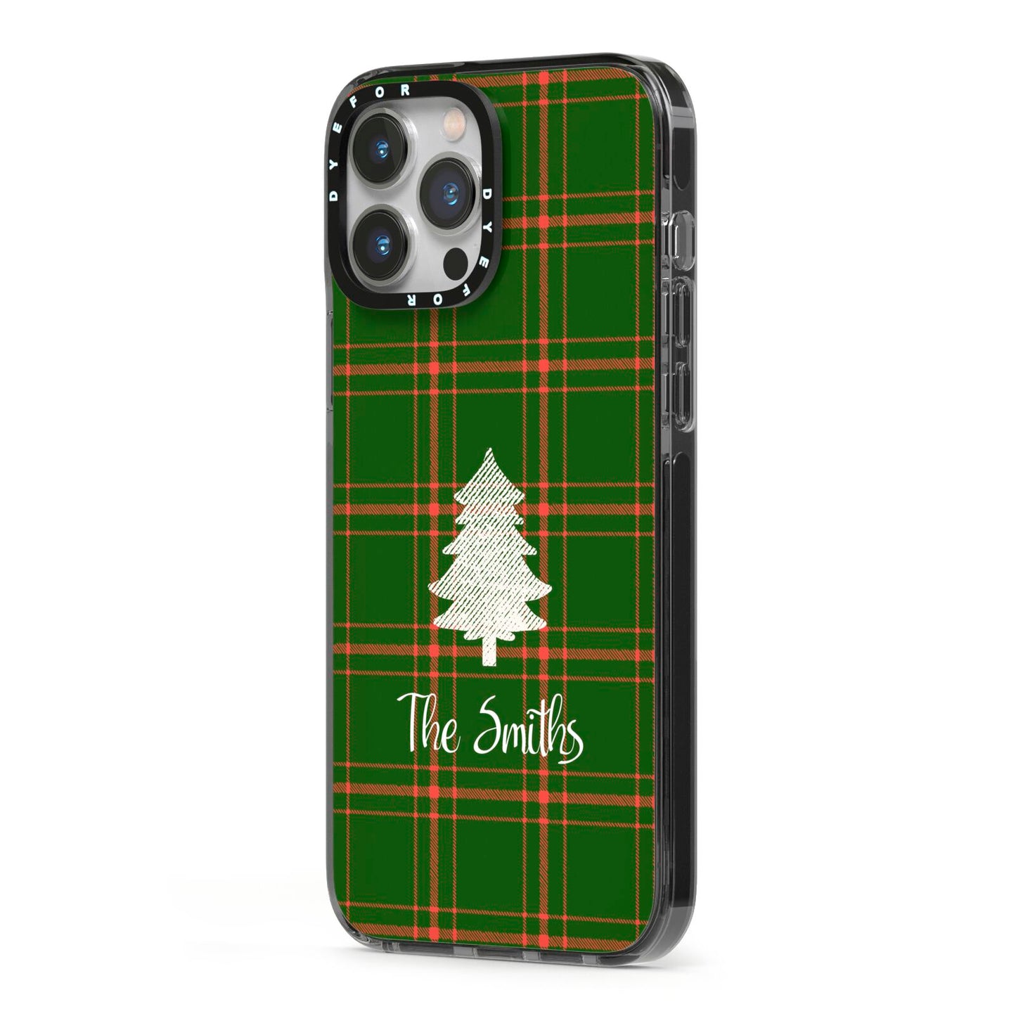 Green Tartan Christmas Tree Personalised iPhone 13 Pro Max Black Impact Case Side Angle on Silver phone