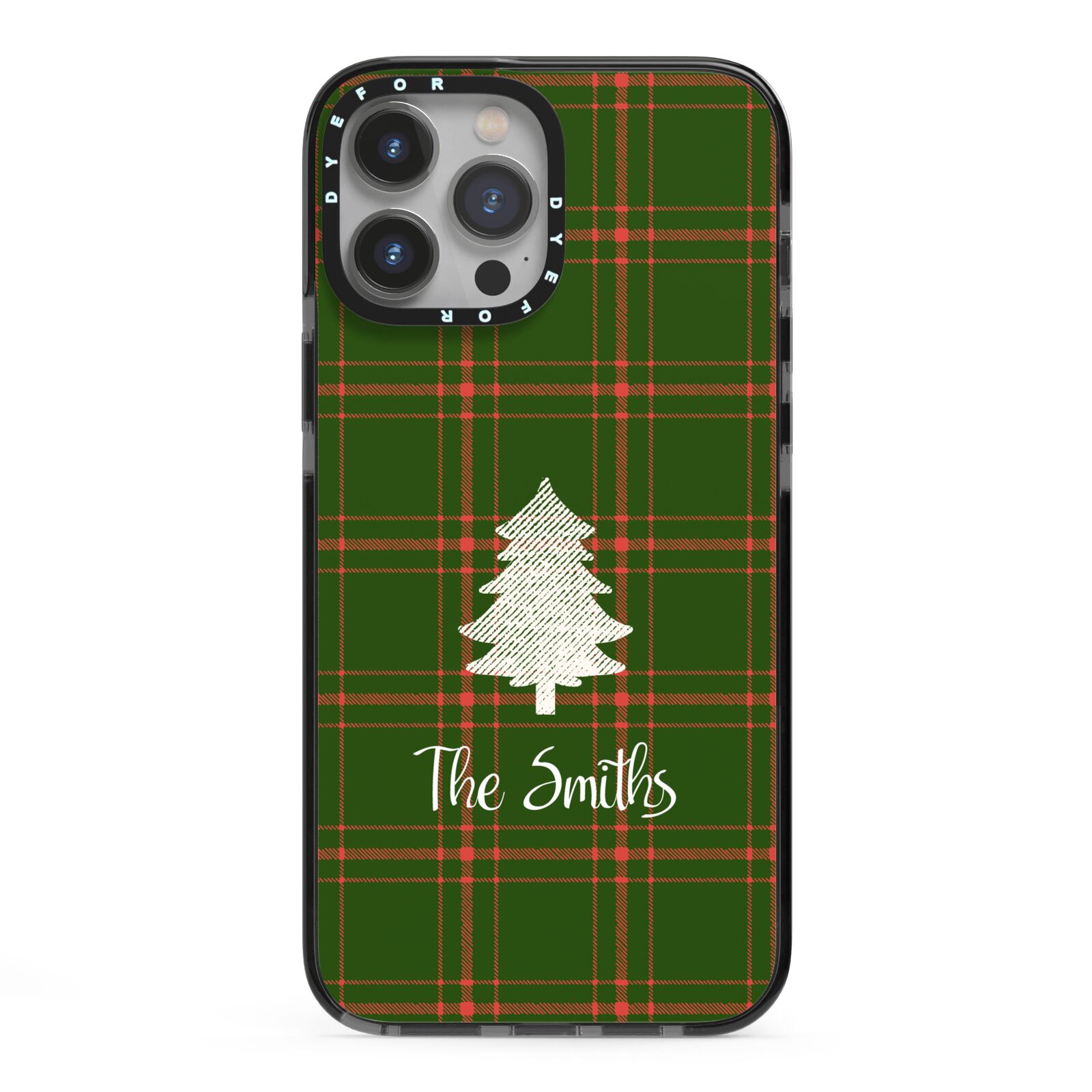 Green Tartan Christmas Tree Personalised iPhone 13 Pro Max Black Impact Case on Silver phone