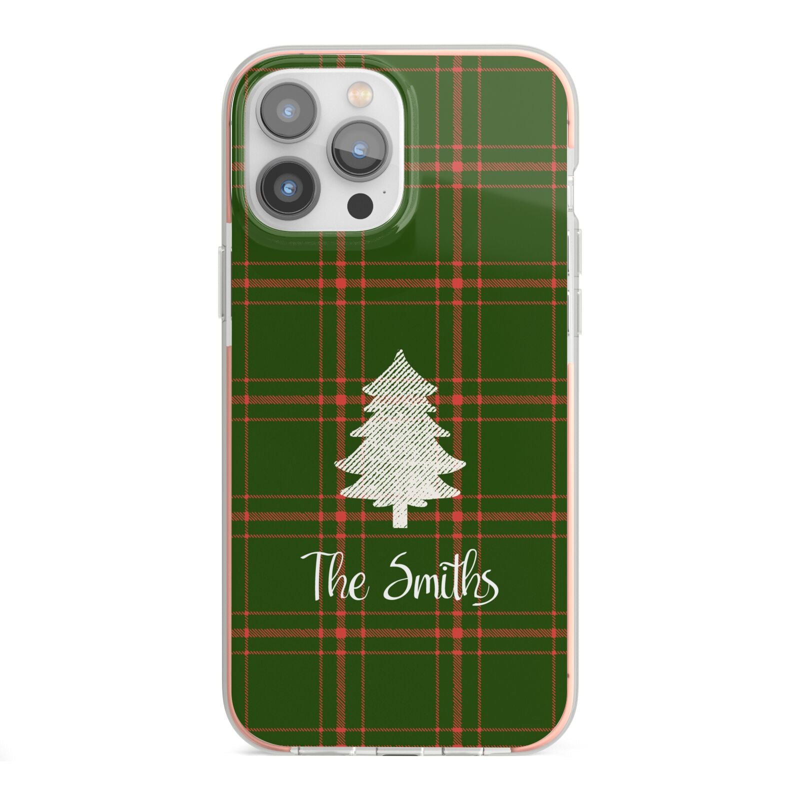 Green Tartan Christmas Tree Personalised iPhone 13 Pro Max TPU Impact Case with Pink Edges