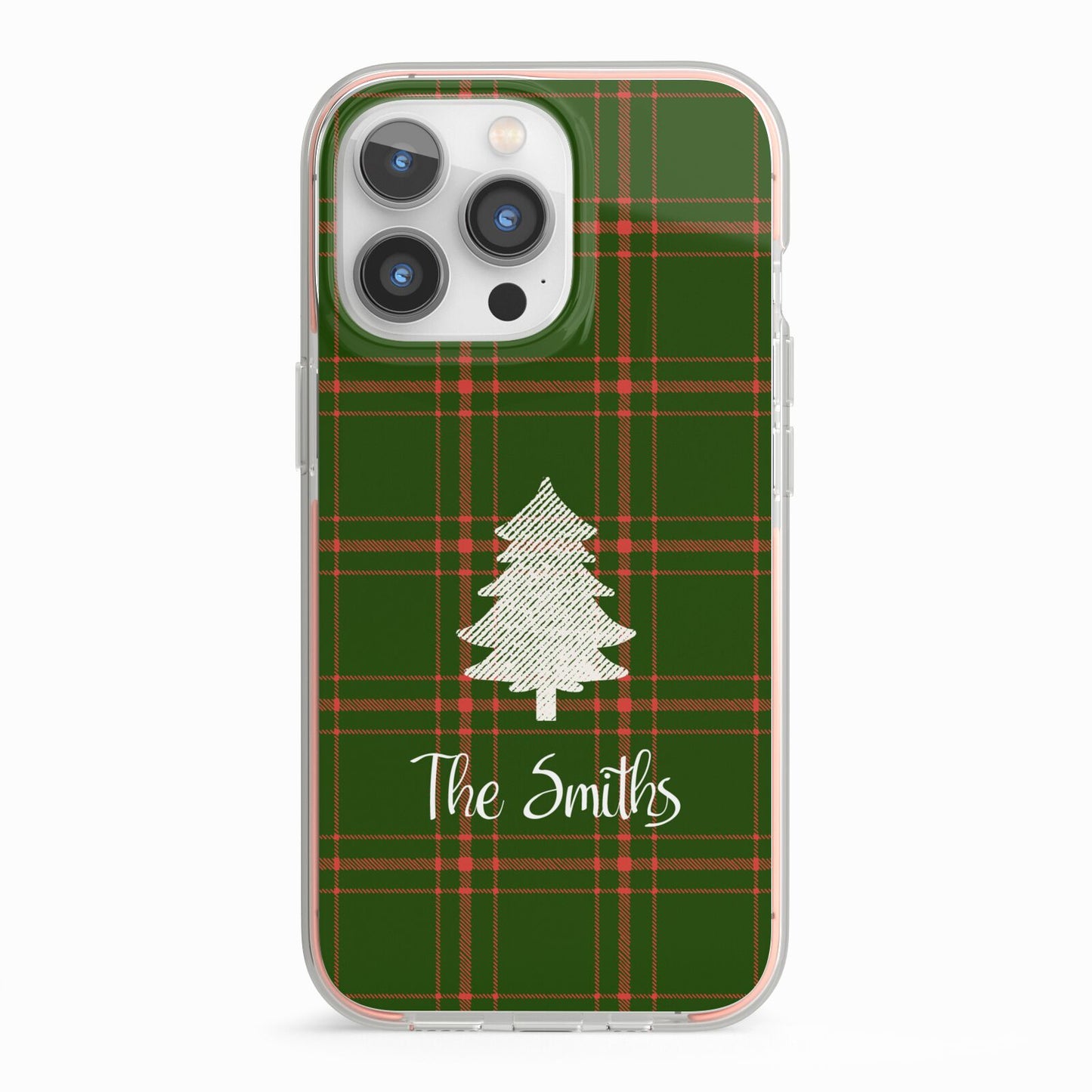 Green Tartan Christmas Tree Personalised iPhone 13 Pro TPU Impact Case with Pink Edges