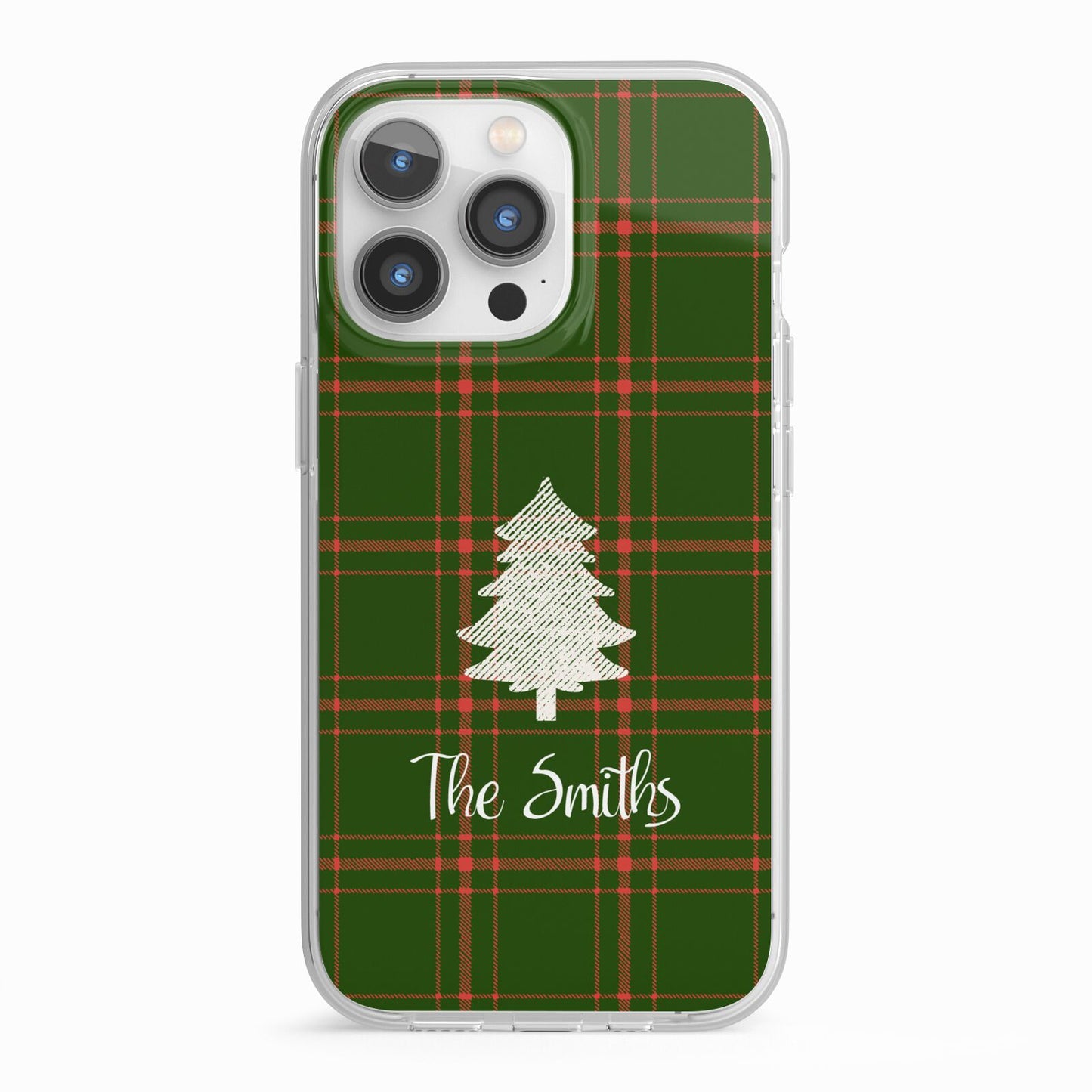 Green Tartan Christmas Tree Personalised iPhone 13 Pro TPU Impact Case with White Edges