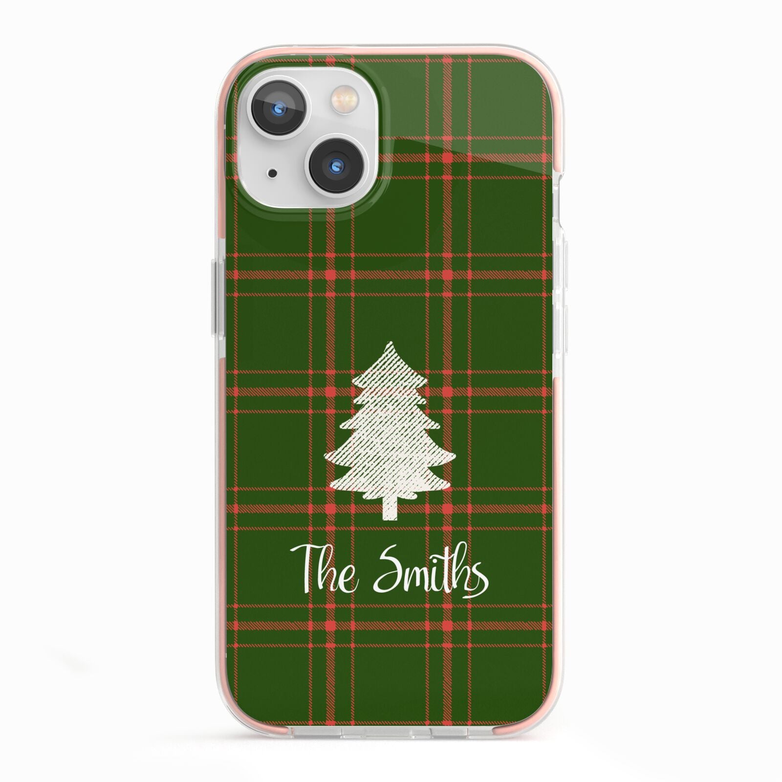 Green Tartan Christmas Tree Personalised iPhone 13 TPU Impact Case with Pink Edges