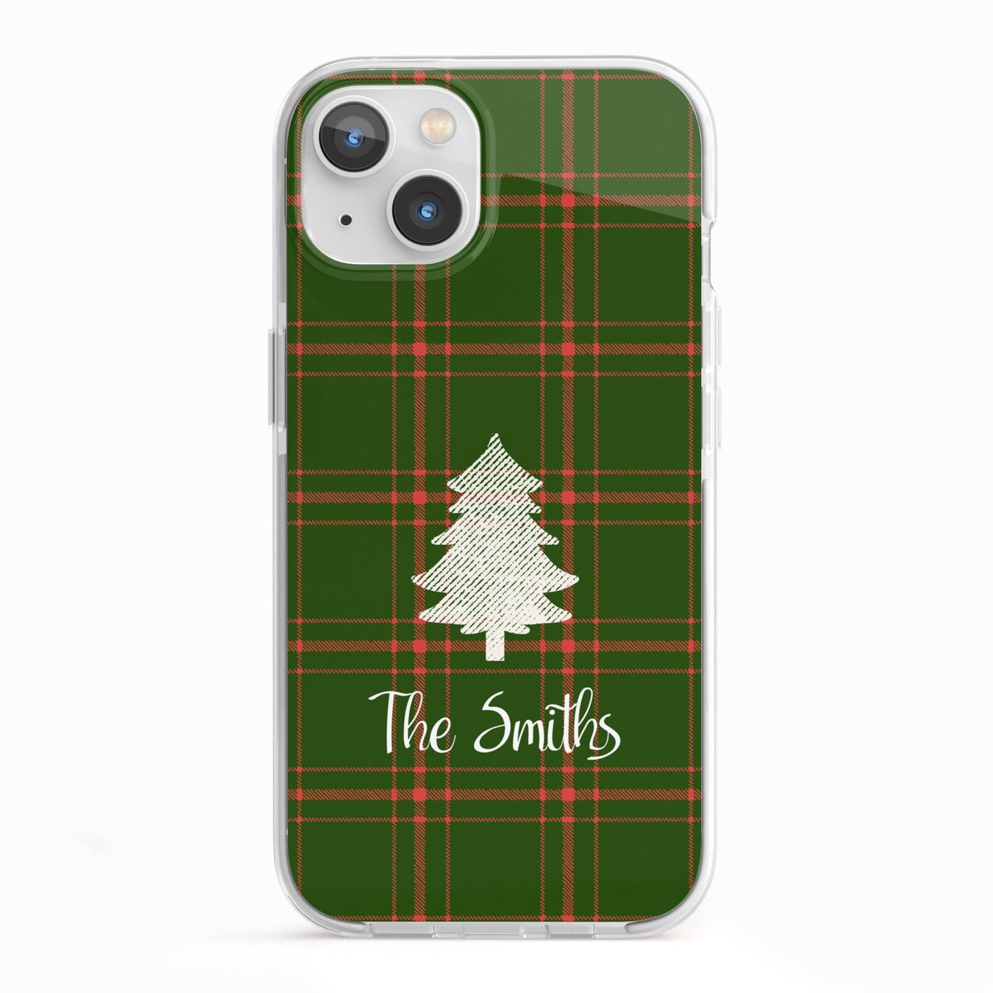 Green Tartan Christmas Tree Personalised iPhone 13 TPU Impact Case with White Edges