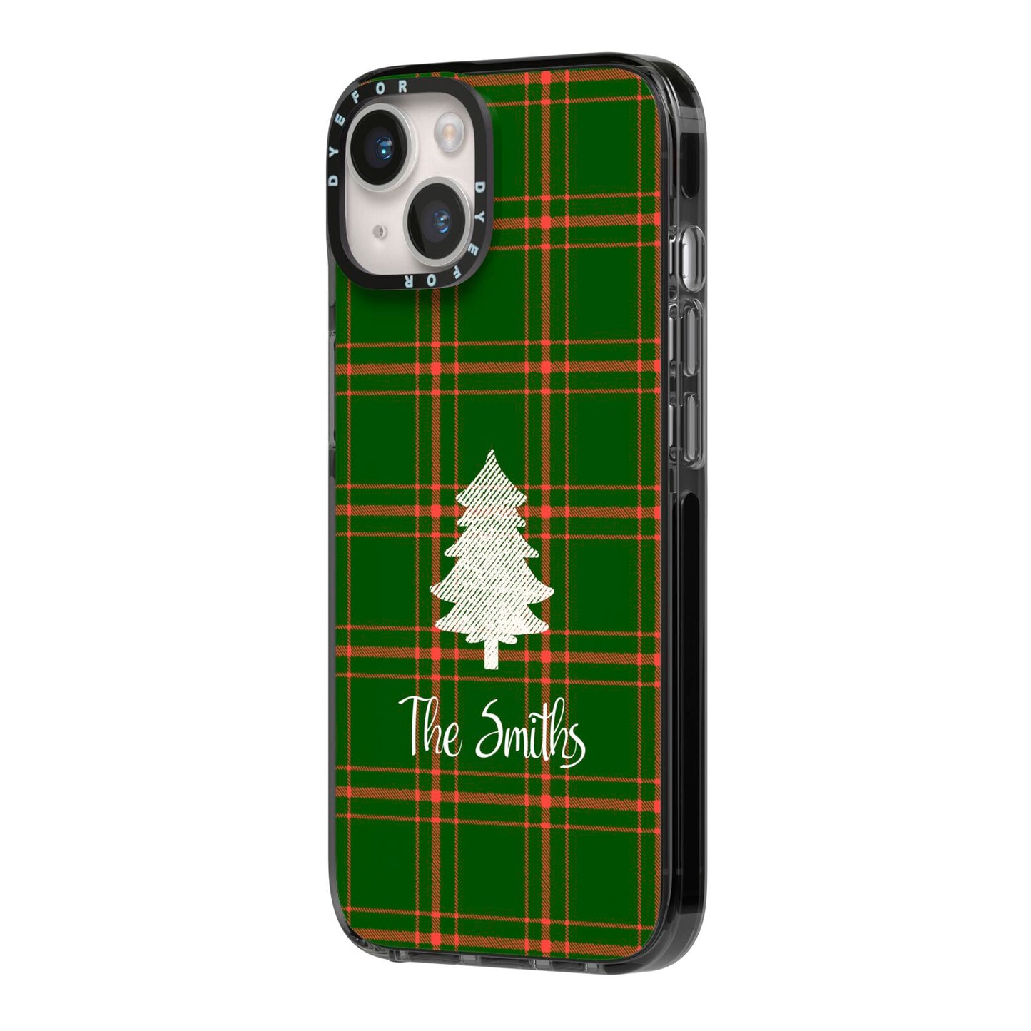 Green Tartan Christmas Tree Personalised iPhone 14 Black Impact Case Side Angle on Silver phone